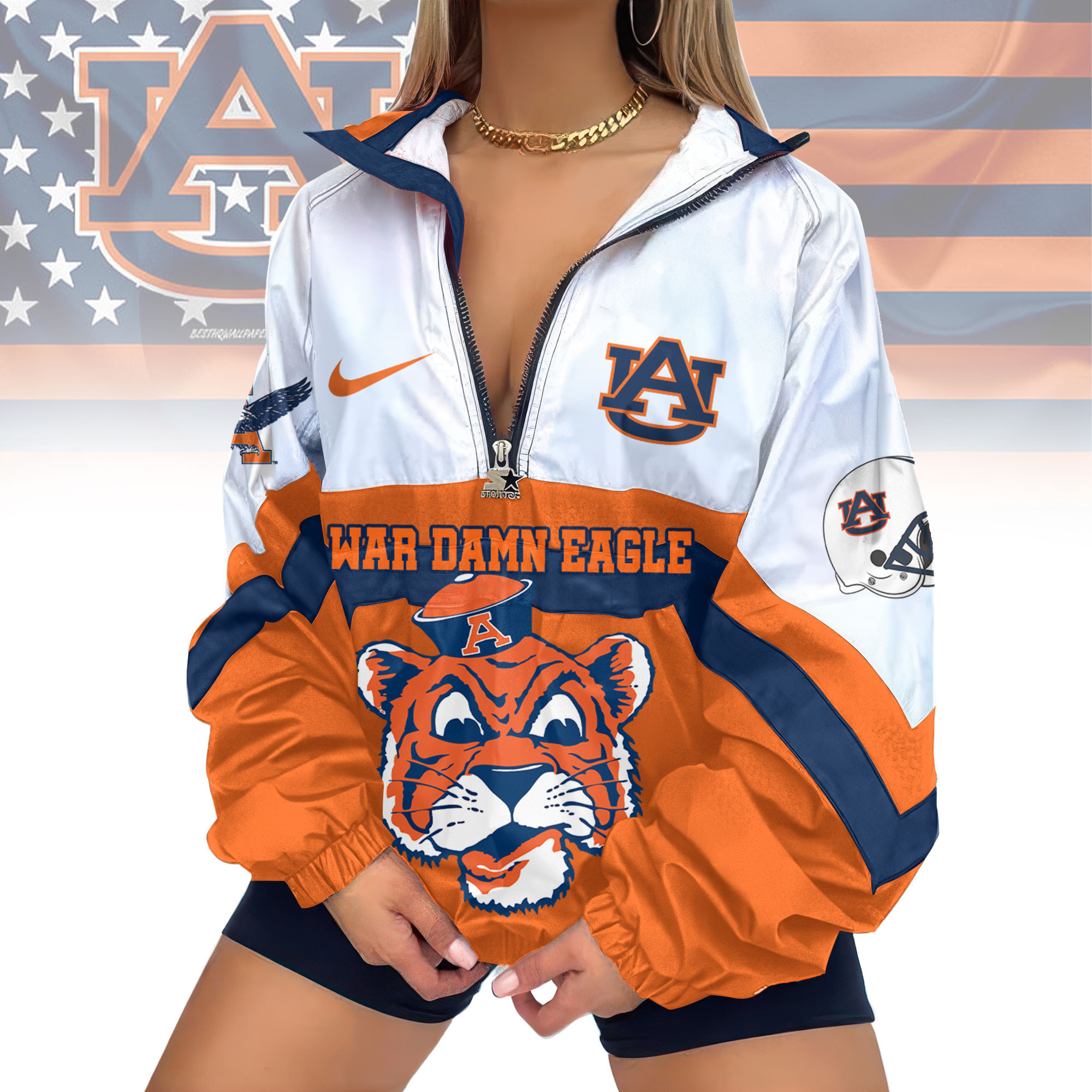 Auburn Tigers | Premium Women's Printed V-Neck Zipper Sweatshirt Jackets TD