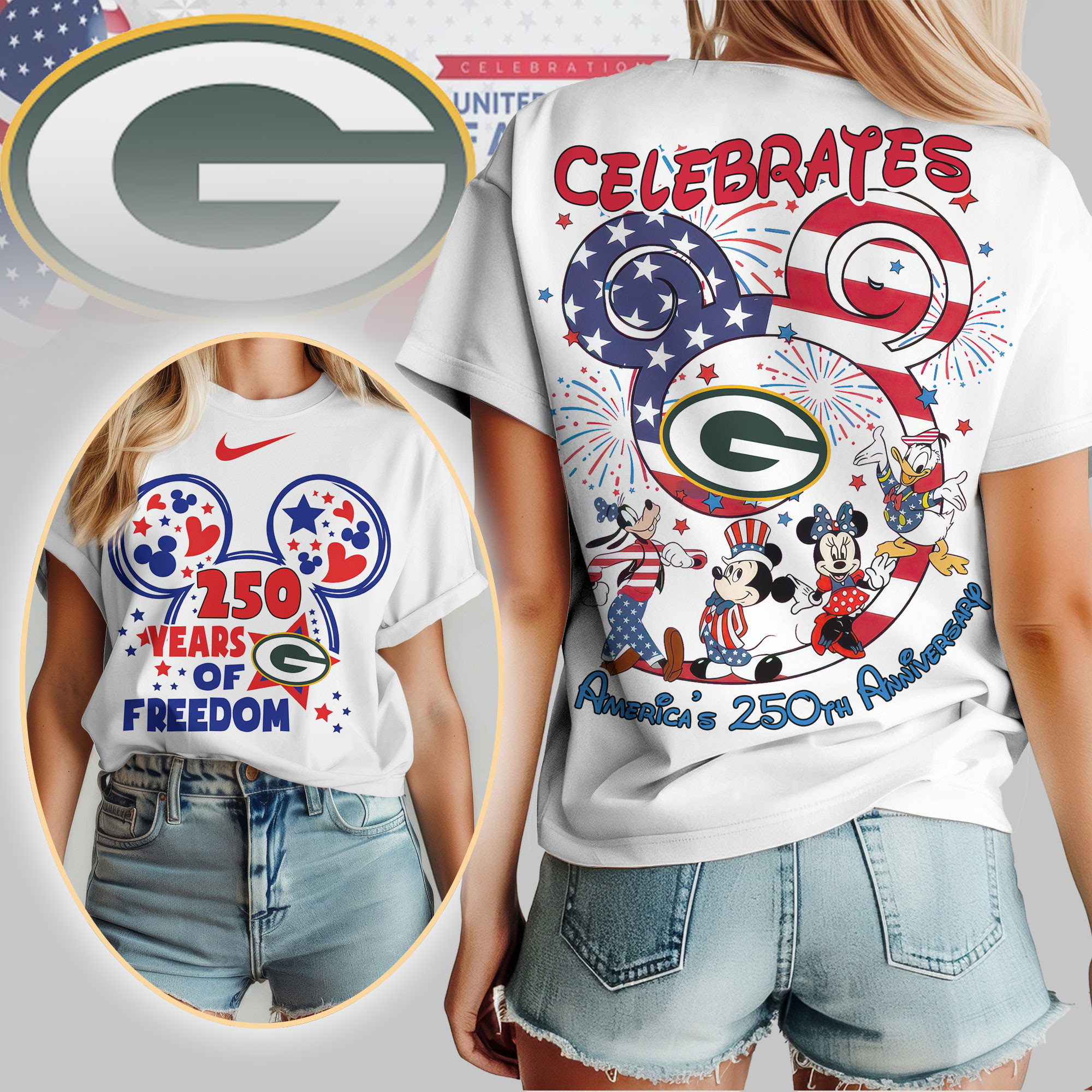 Green Bay Packers | Premium NFL Mickey Celebrates America 250th Anniversary Women Shirt TD