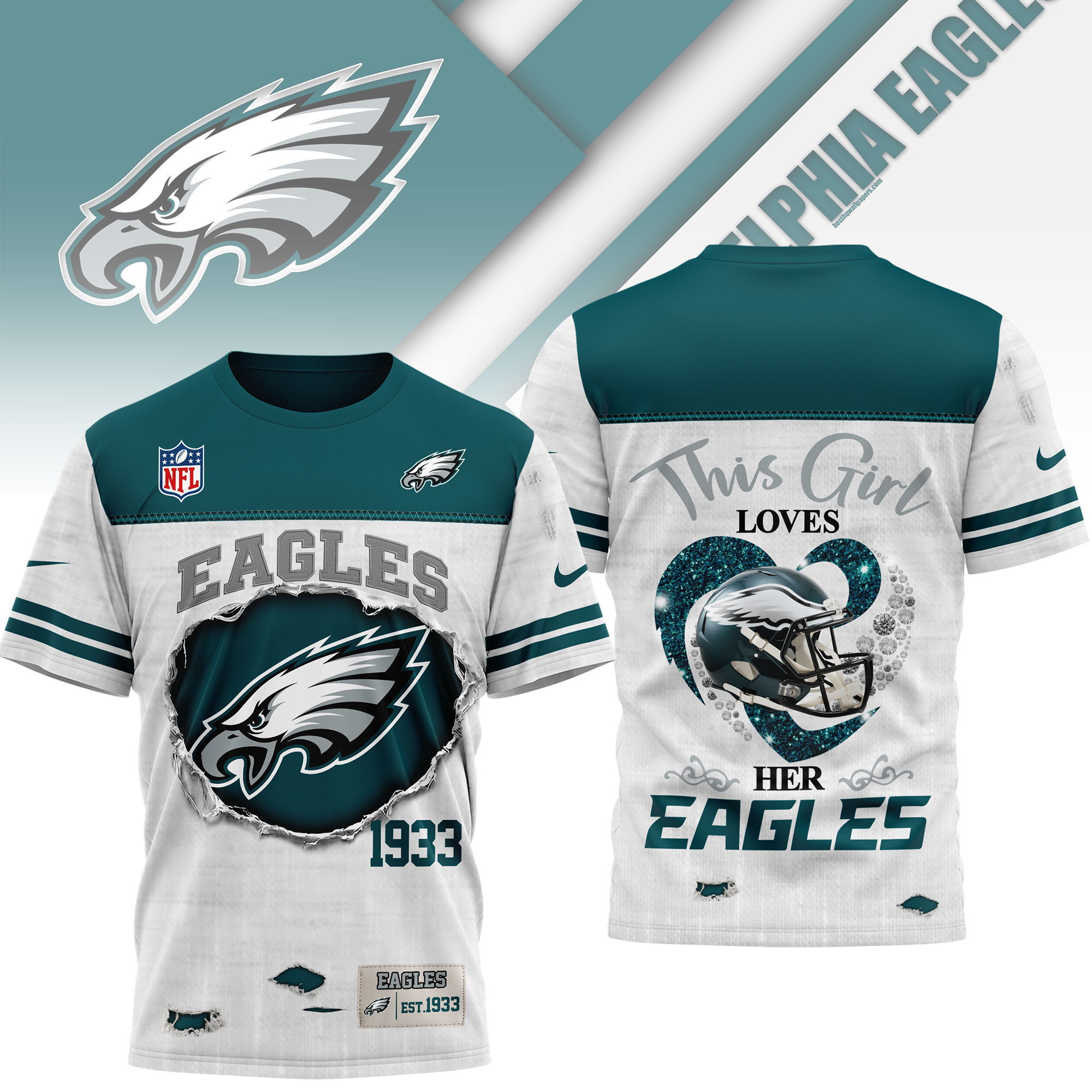 Philadelphia Eagles | Premium NFL Girl Heart & Helmet 3D Shirt NTH1