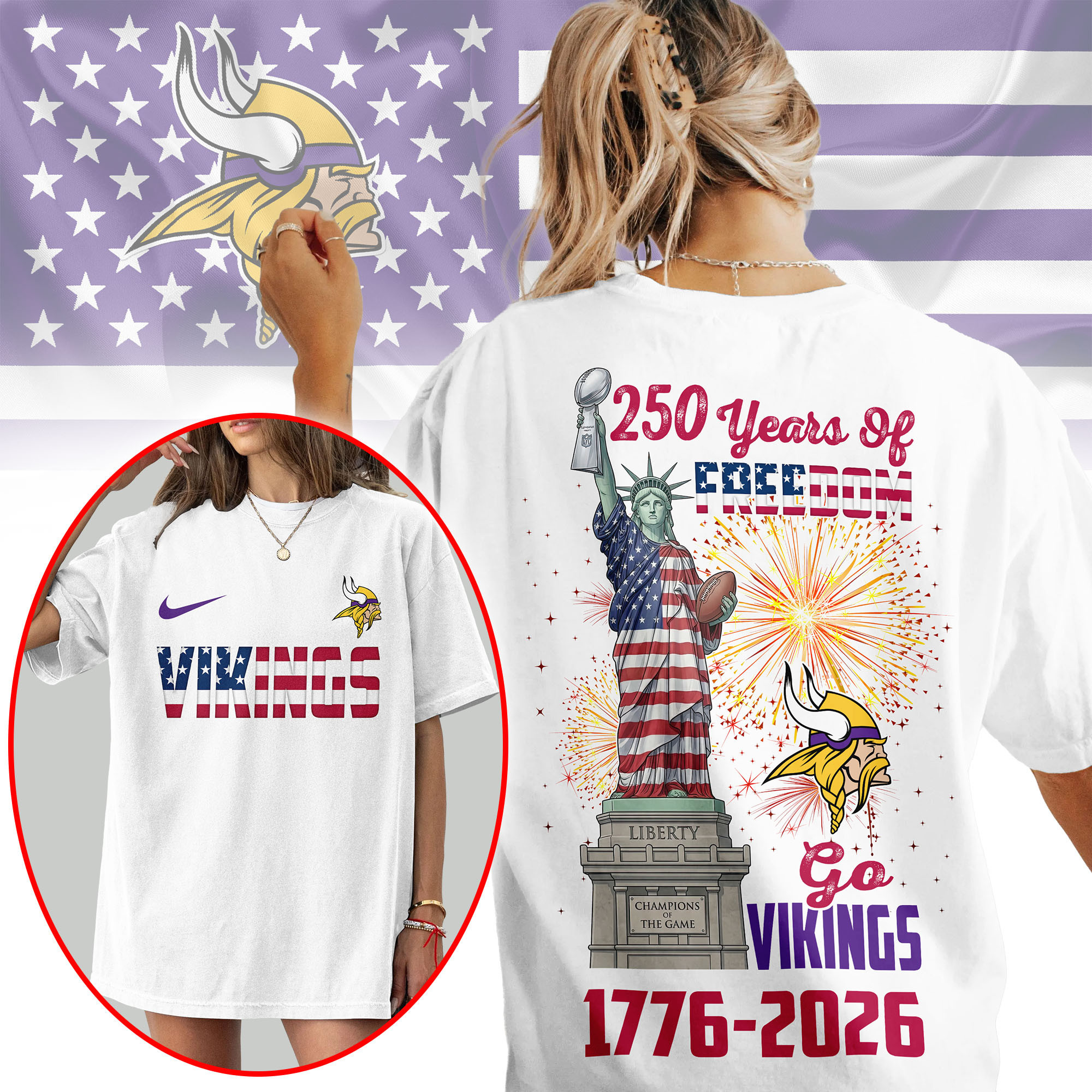 Minnesota Vikings | Premium NFL Statue Of Liberty 250th Anniversary 3D Shirt NP