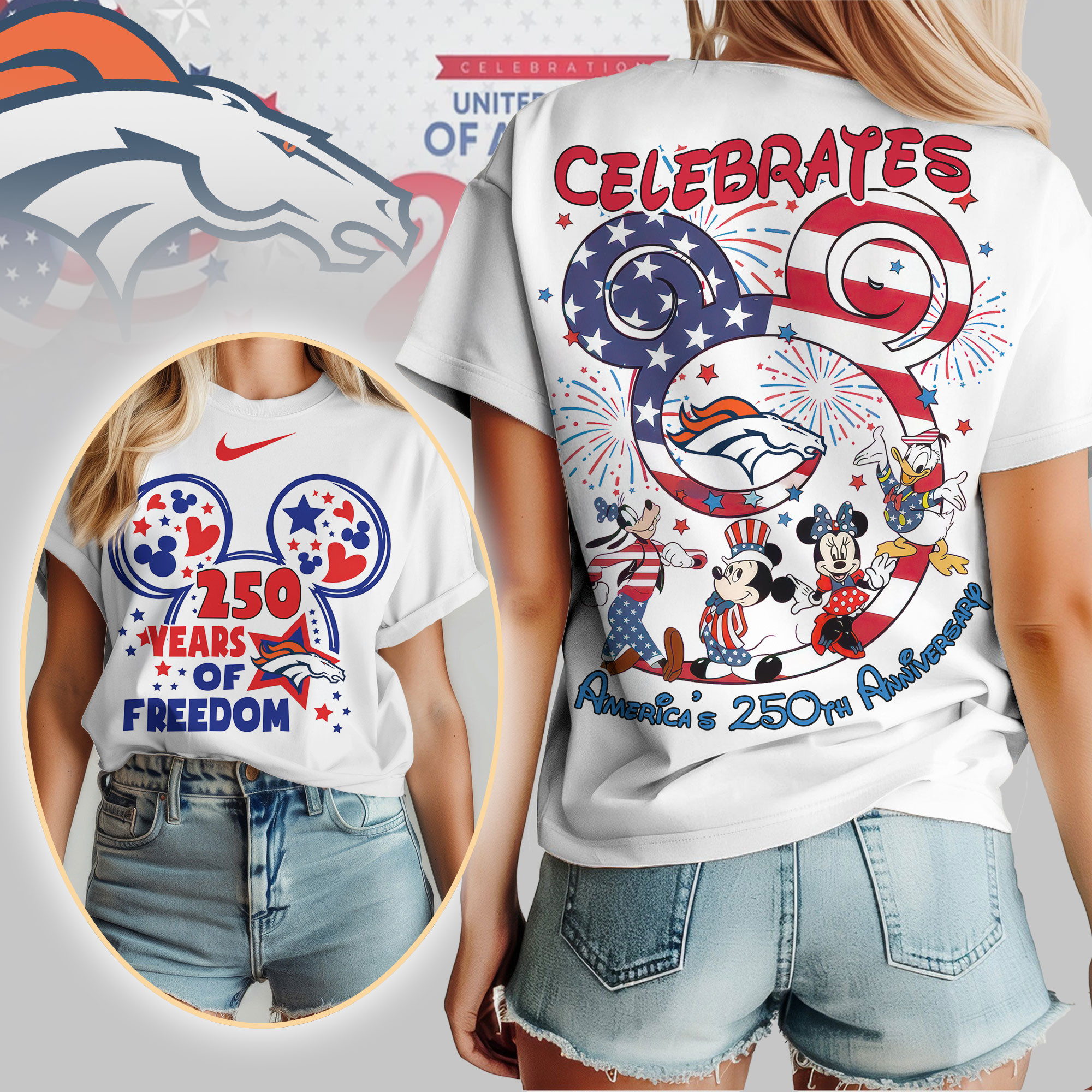 Denver Broncos | Premium NFL Mickey Celebrates America 250th Anniversary Women Shirt TD