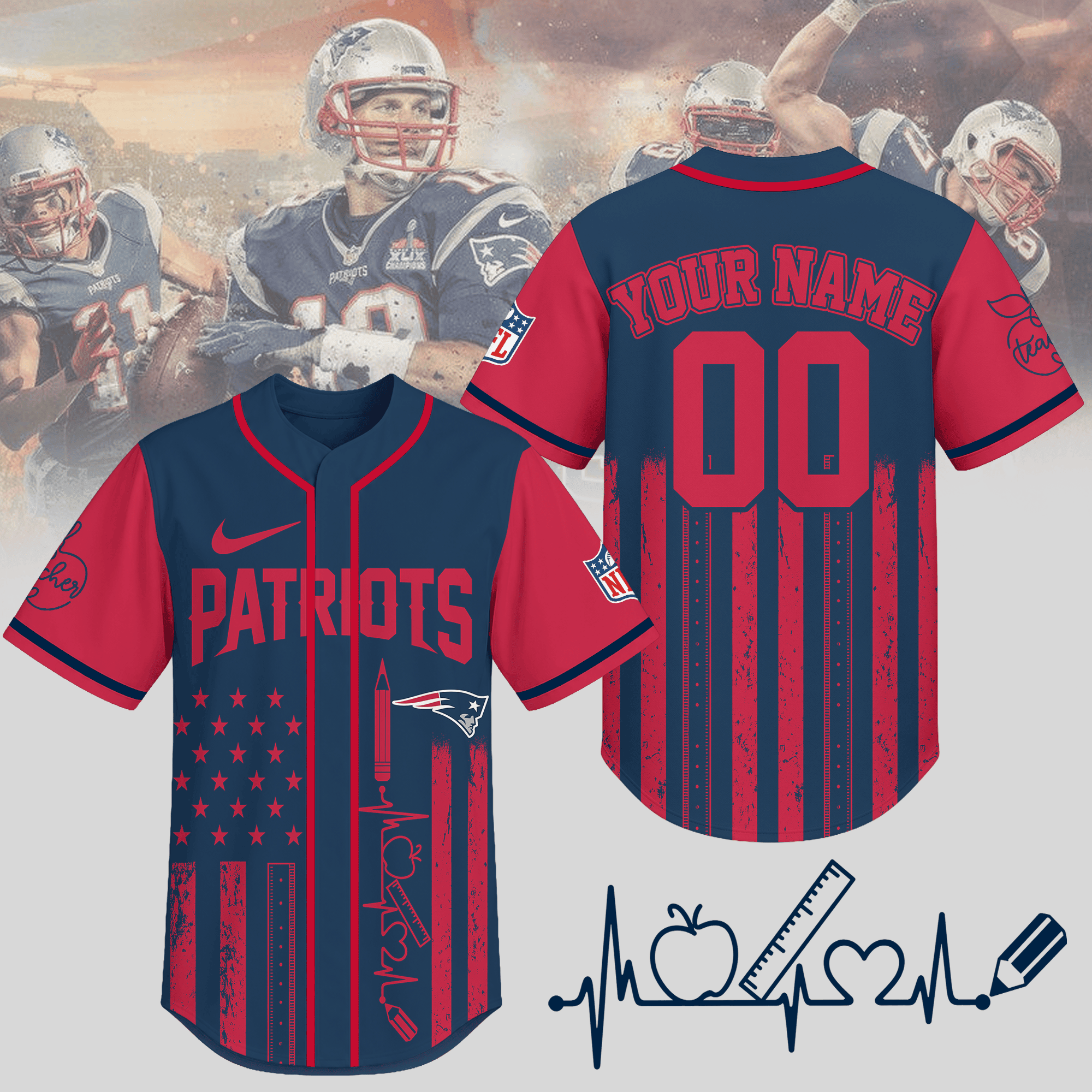 New England Patriots | Premium NFL Personalized Teacher Heartbeat Jersey NTH1