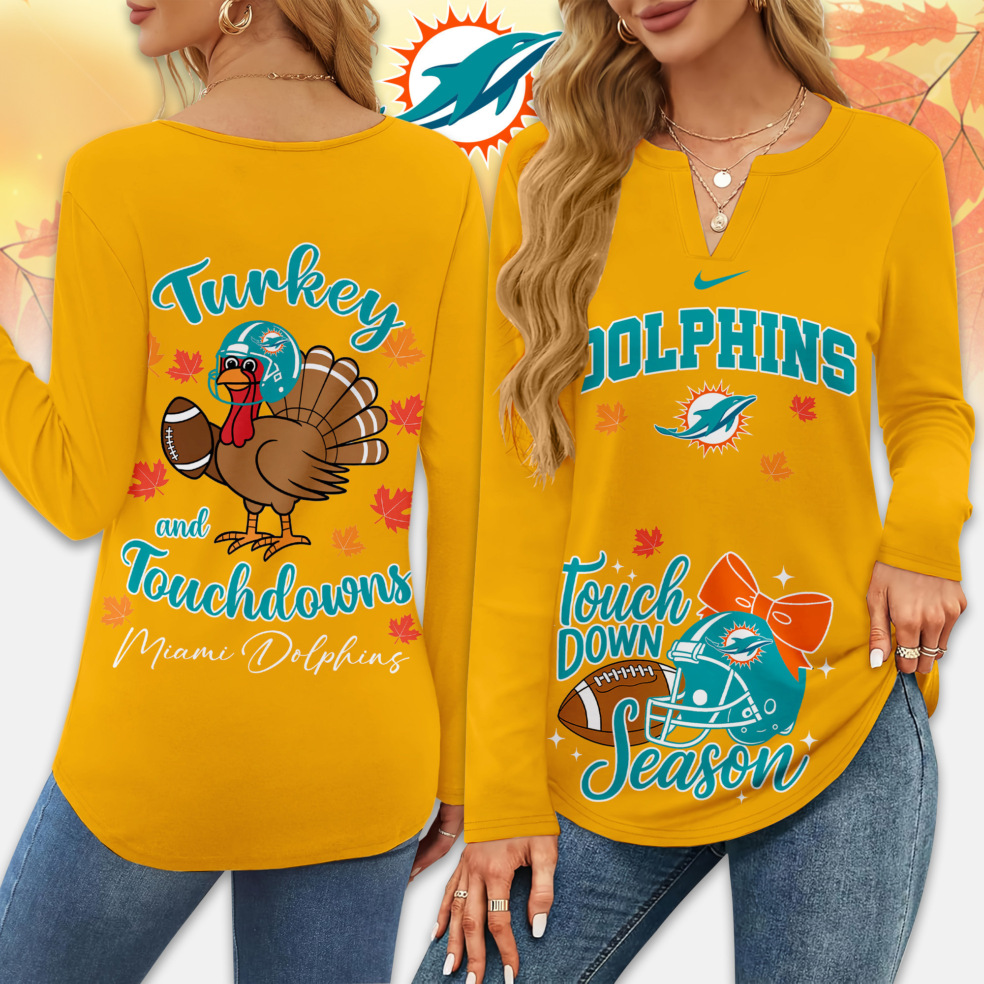 Miami Dolphins | Premium NFL Turkey and Touchdowns V-neck Long Sleeve Shirt TD