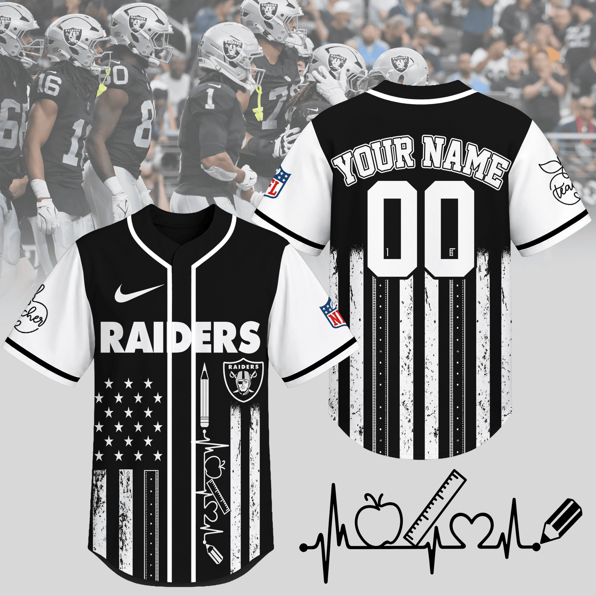 Las Vegas Raiders | Premium NFL Personalized Teacher Heartbeat Jersey NTH1