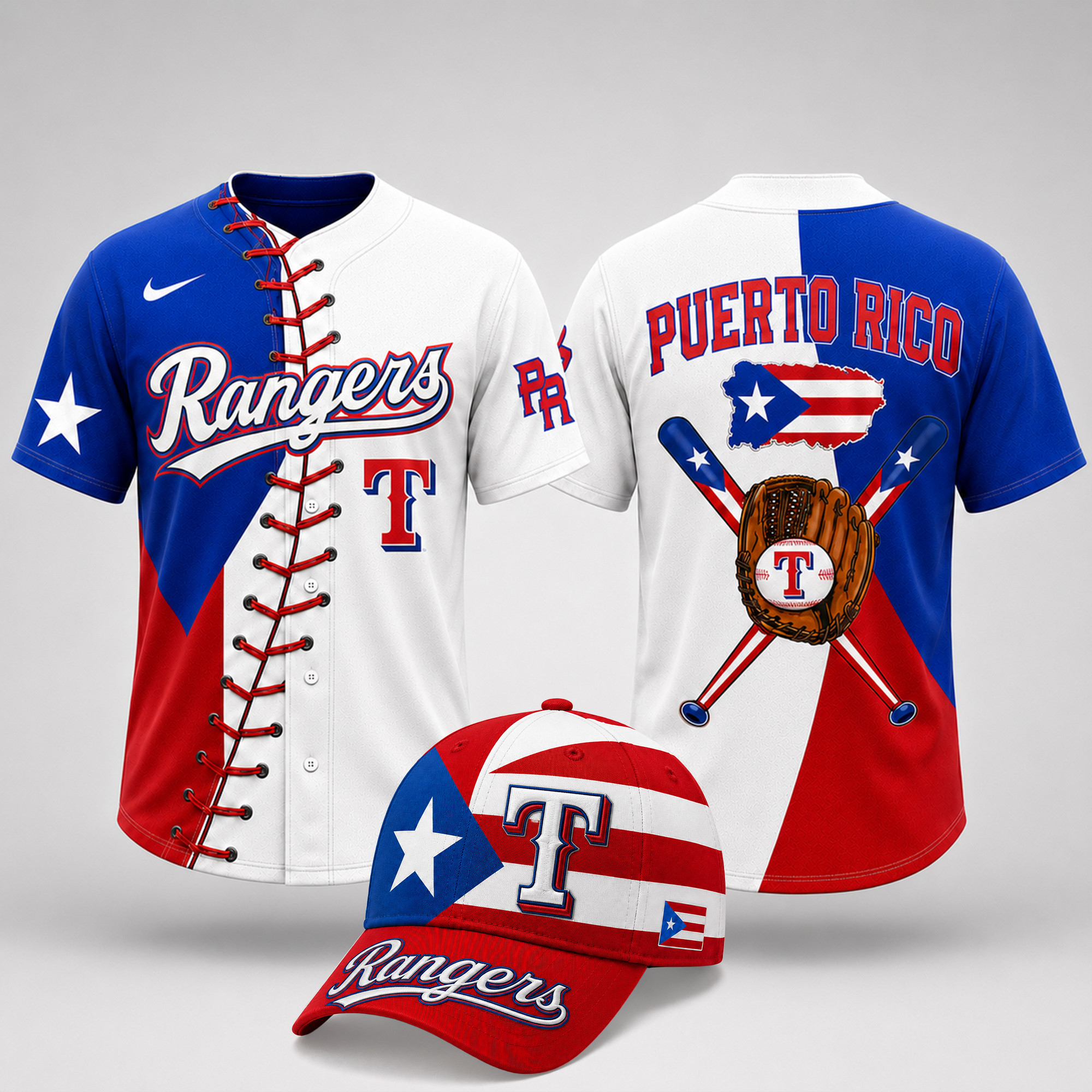Texas Rangers | Premium MLB Puerto Rico Island Pride Baseball Jersey And Cap Set