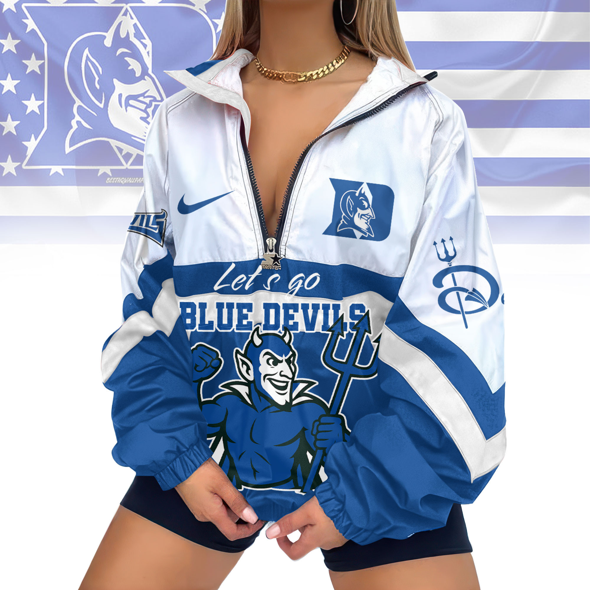 Duke Blue Devils | Premium Women's Printed V-Neck Zipper Sweatshirt Jackets TD