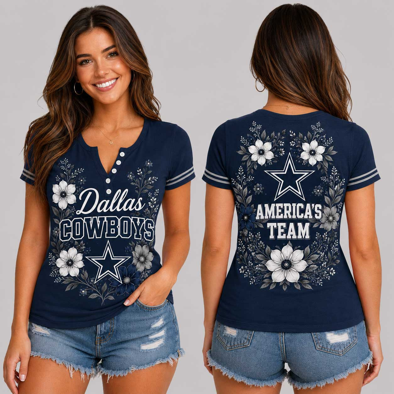 Dallas Cowboys | Premium NFL Team Pride Elegant Game Day Women’s Button V-Neck Shirt TD