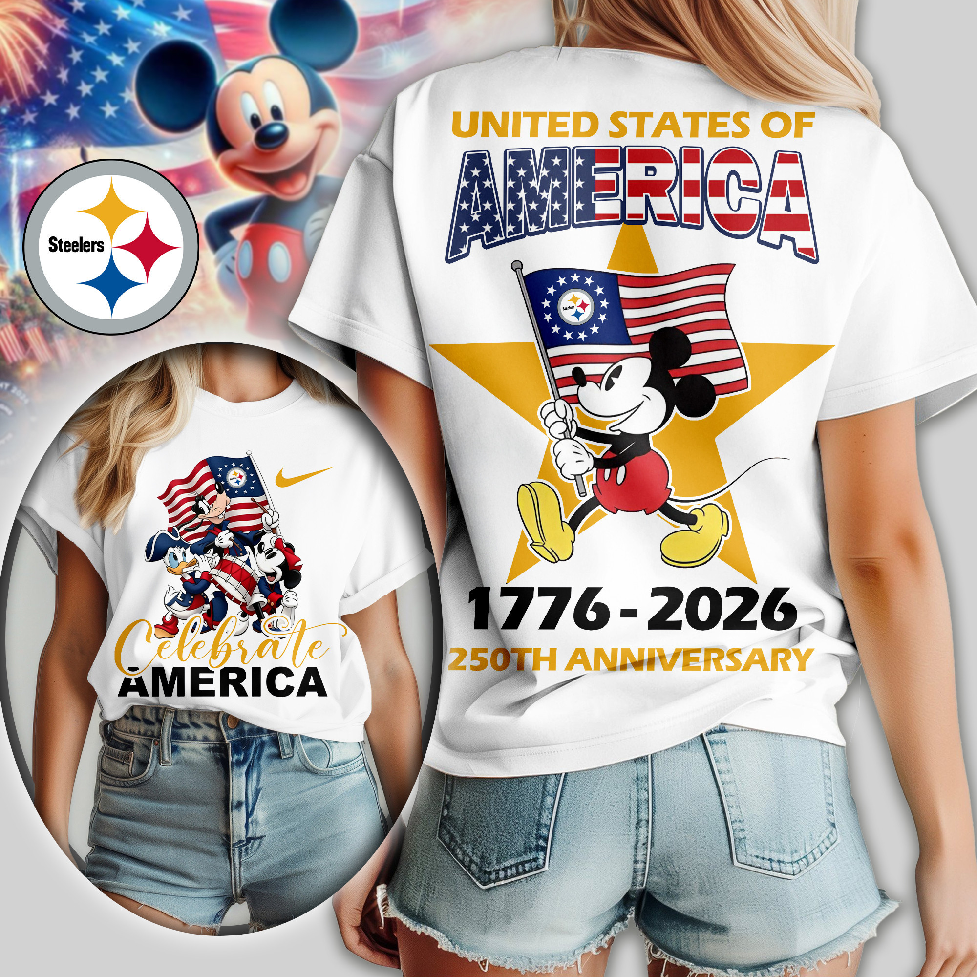 Pittsburgh Steelers | Premium NFL Mickey Celebrate America Women Shirt TD