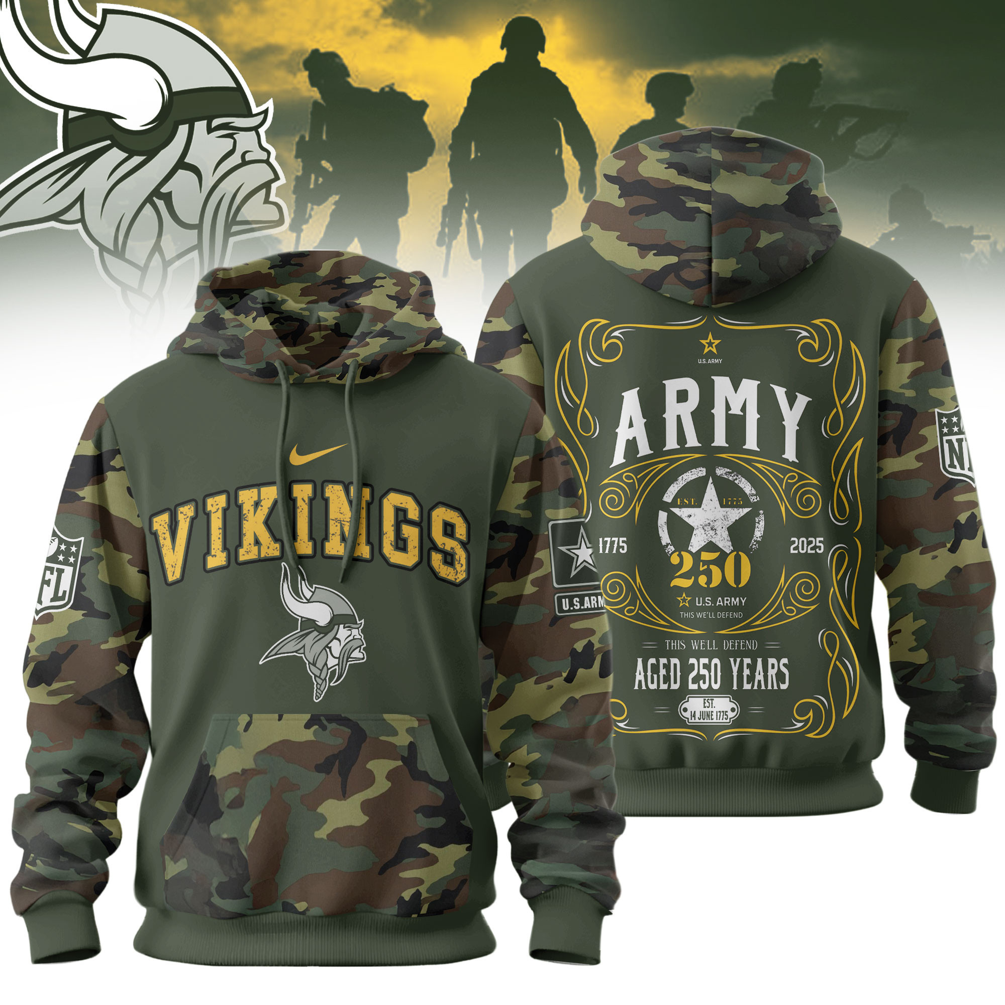 Minnesota Vikings | Premium NFL US Army 250th anniversary 3D Hoodie TD