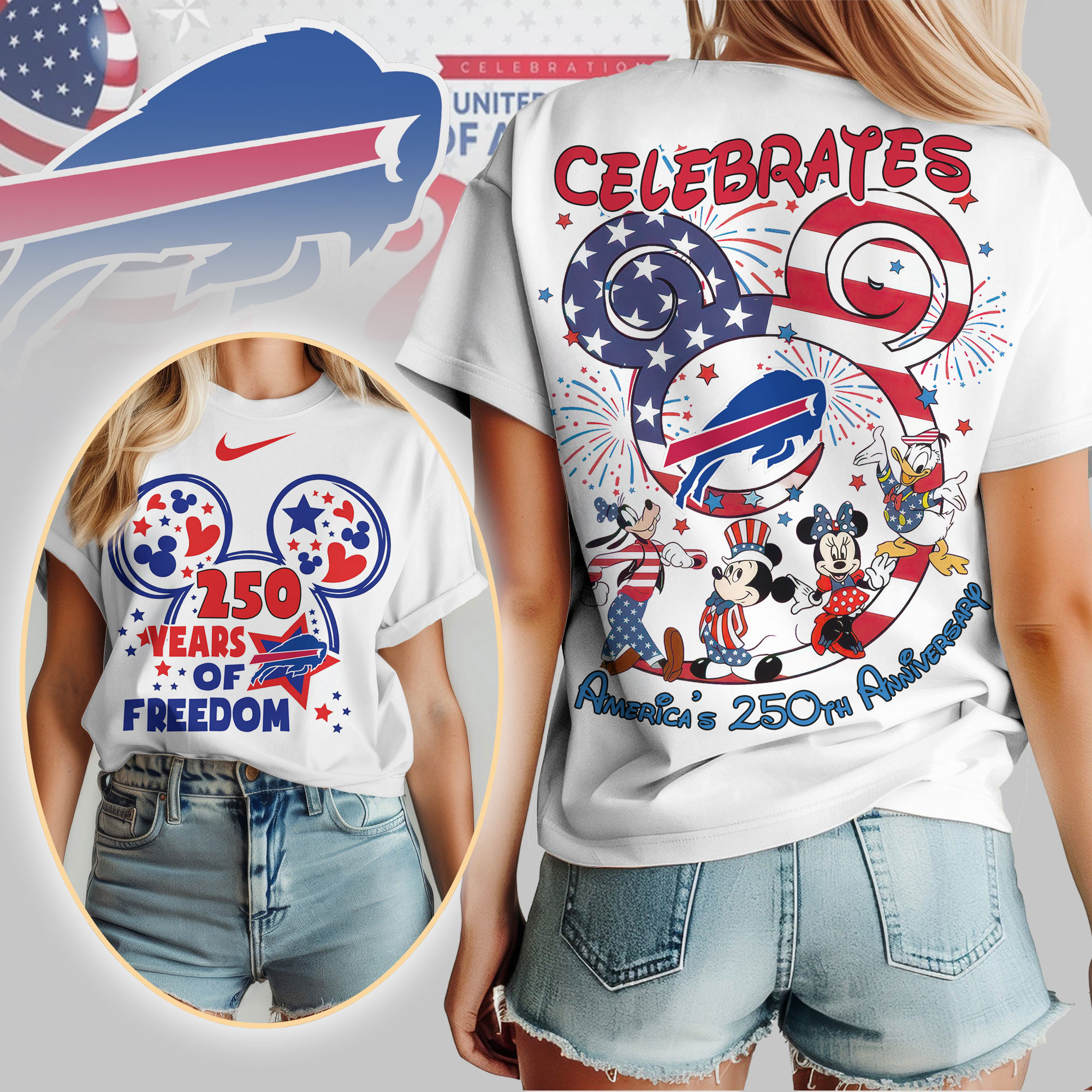 Buffalo Bills | Premium NFL Mickey Celebrates America 250th Anniversary Women Shirt TD