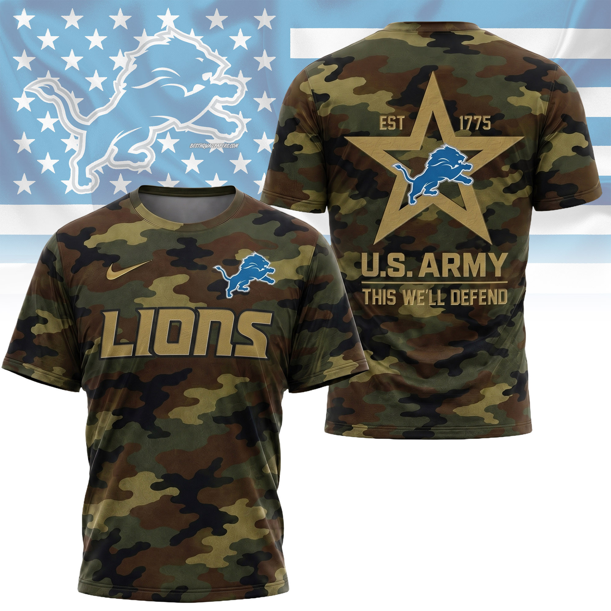 Detroit Lions | Premium NFL U.S. Army Camo 3D Shirt NY