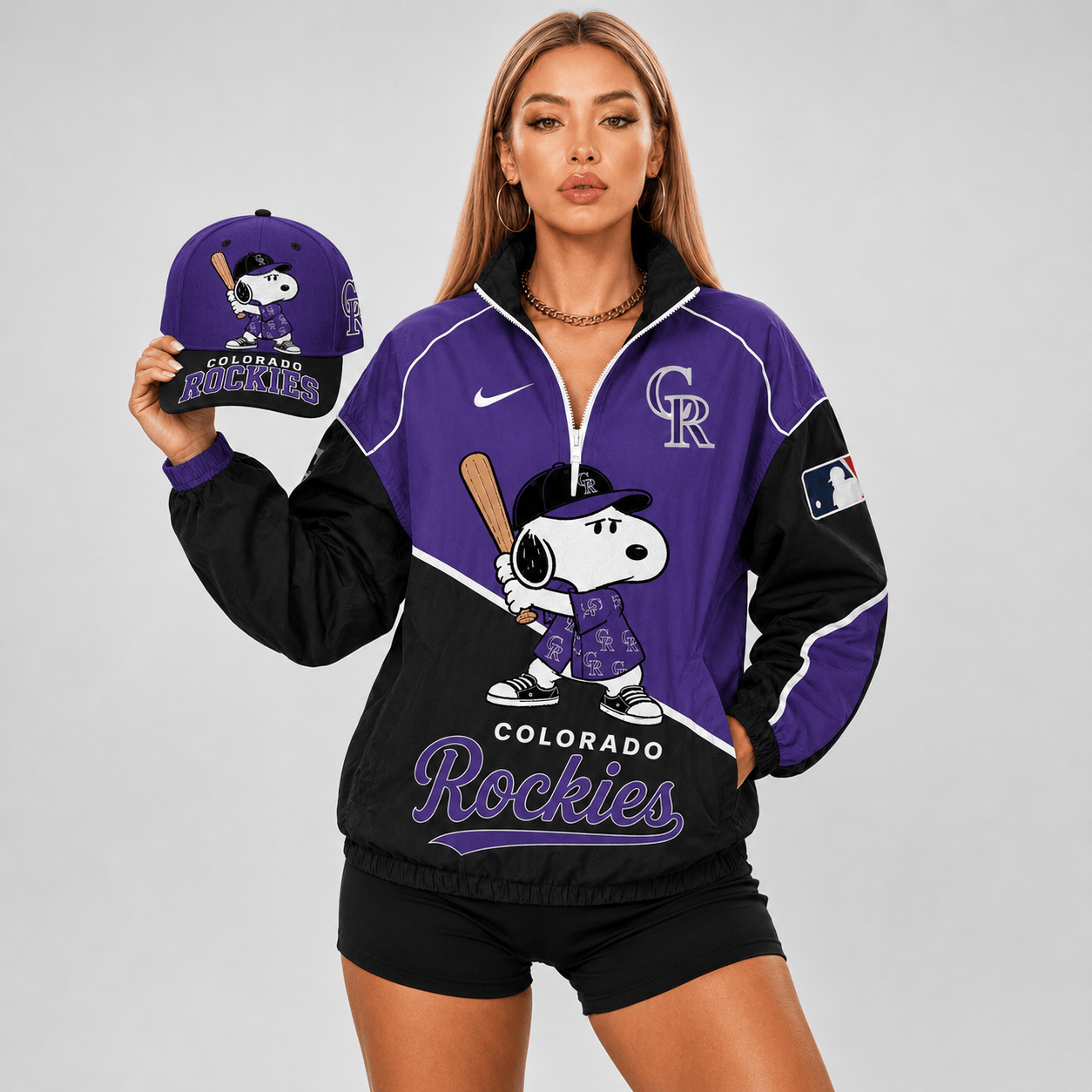 Colorado Rockies | Premium MLB Snoopy Clubhouse Swing V-neck Jacket And Cap Set