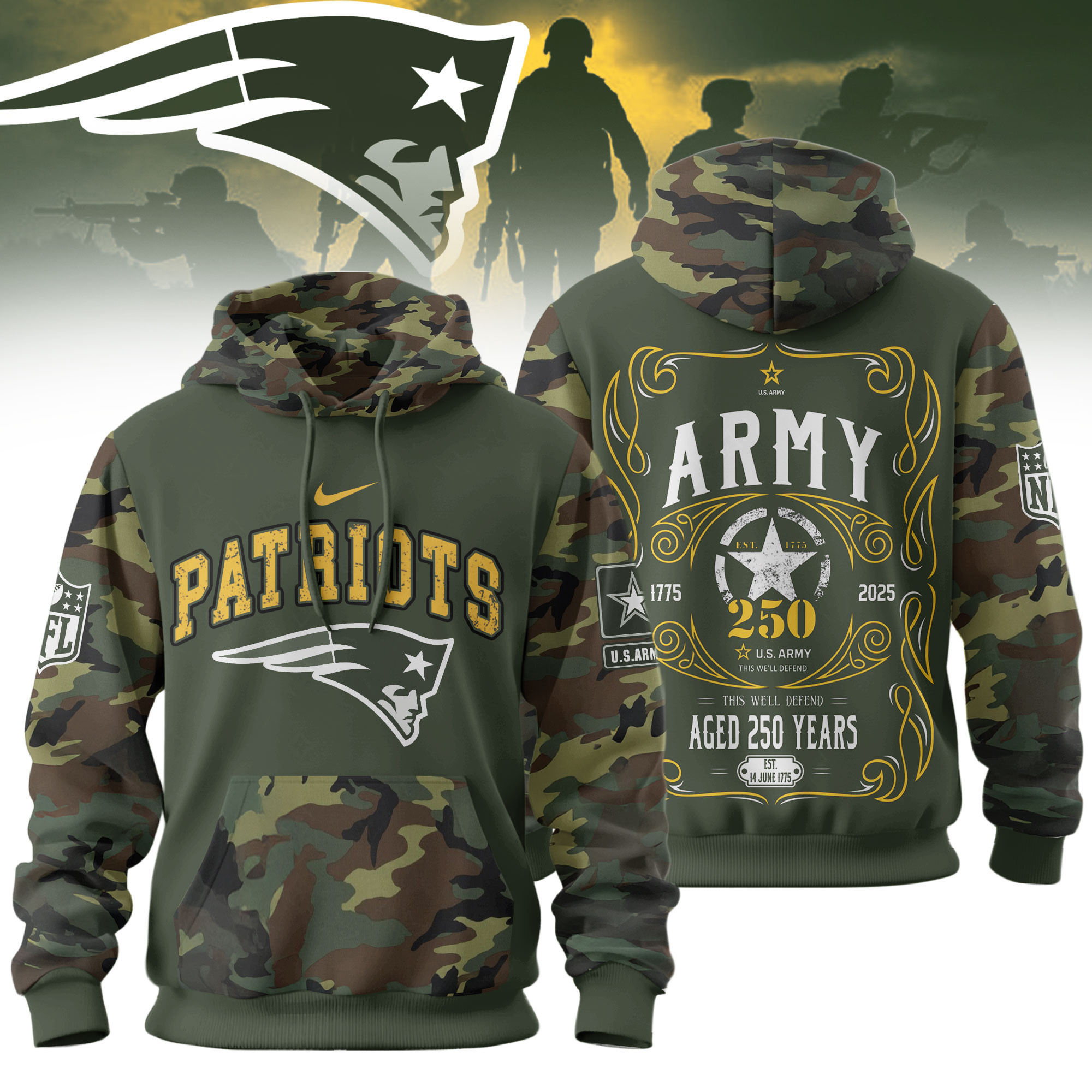 New England Patriots | Premium NFL US Army 250th anniversary 3D Hoodie TD