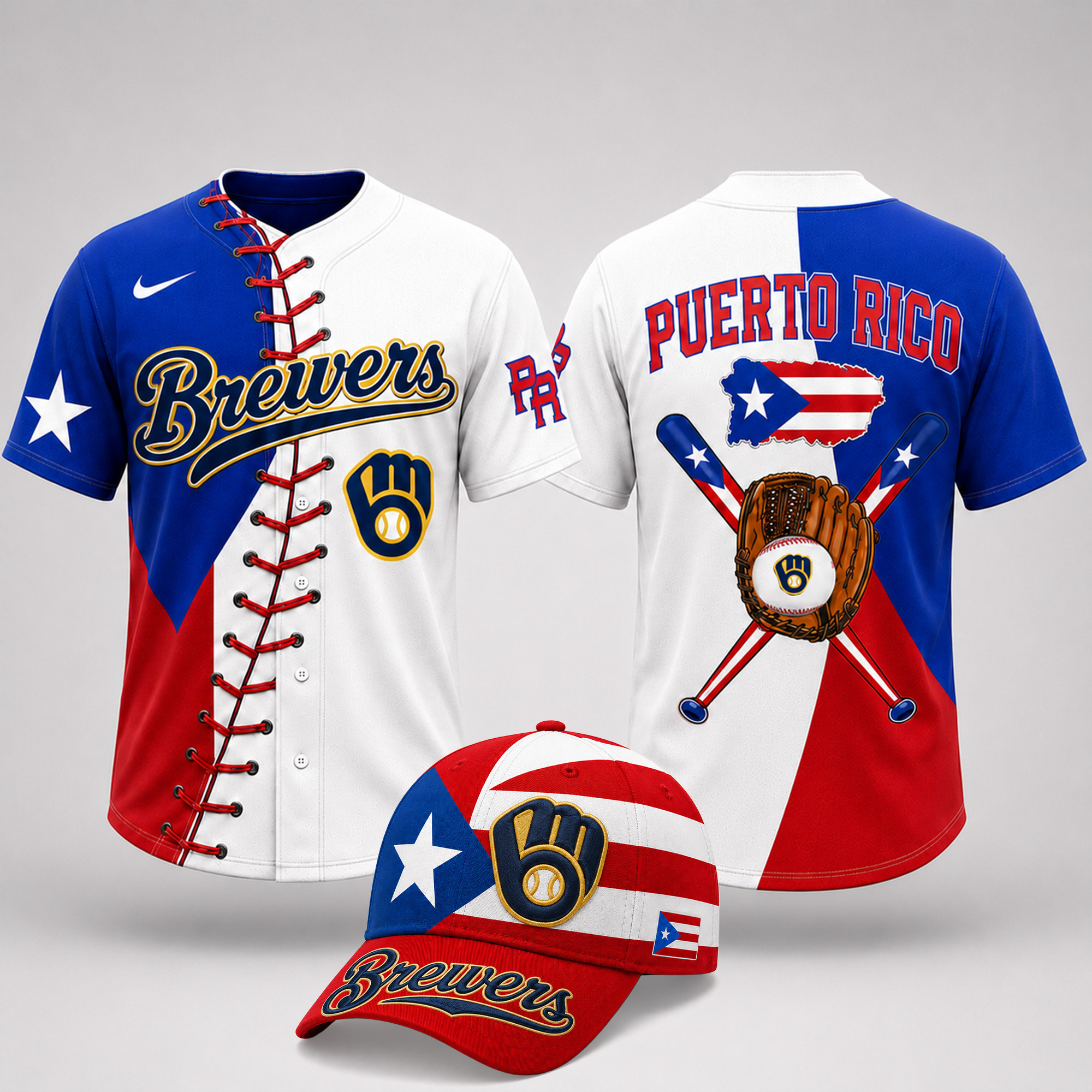 Milwaukee Brewers | Premium MLB Puerto Rico Island Pride Baseball Jersey And Cap Set