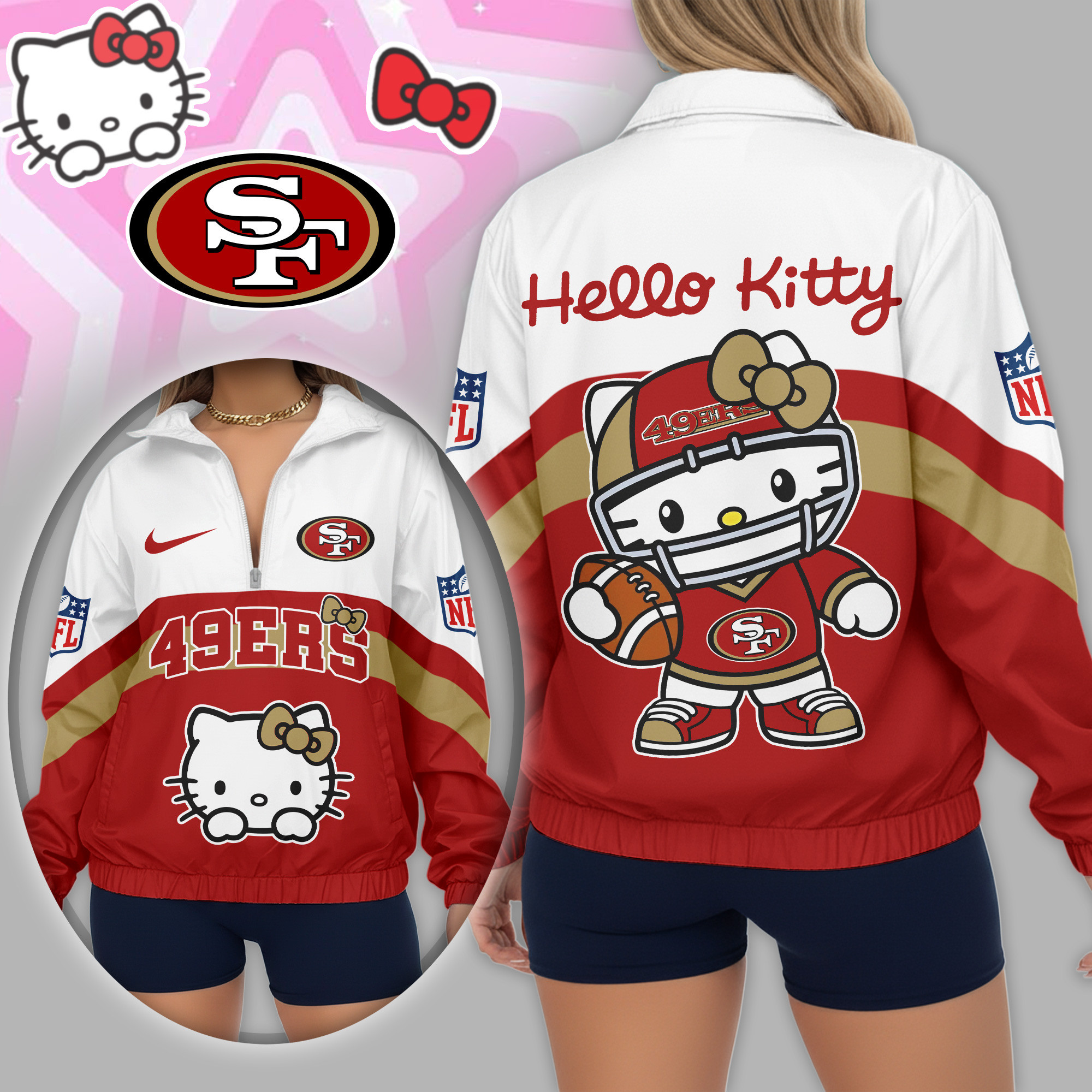 San Francisco 49ers | Premium NFL Hello Kitty V-neck Zipper TD