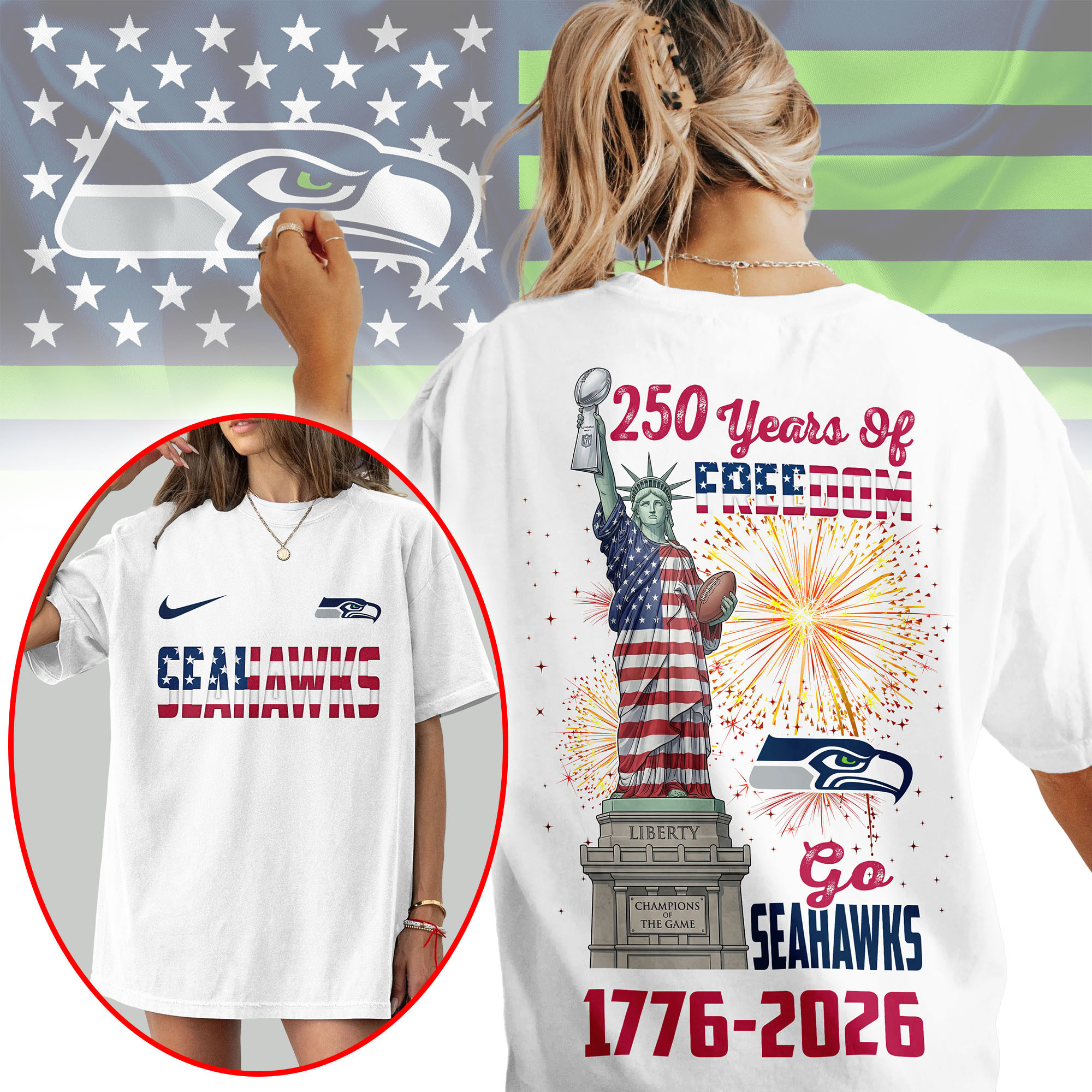 Seattle Seahawks | Premium NFL Statue Of Liberty 250th Anniversary 3D Shirt NP