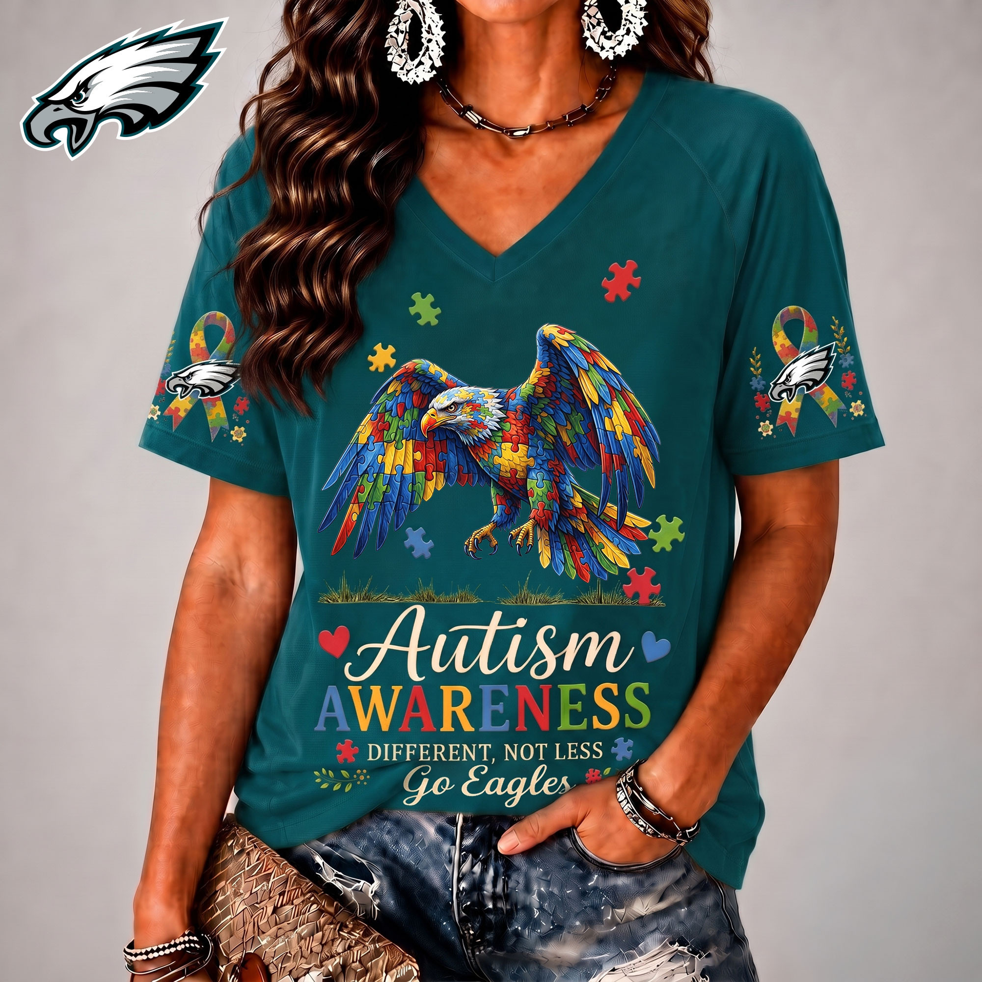 Philadelphia Eagles| Premium NFL Different, Not Less Autism Awareness V-neck Shirt NY