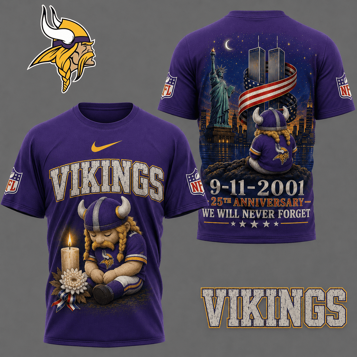 Minnesota Vikings| Premium NFL 9/11 25th Anniversary Never Forget Memorial 3D Shirt NY