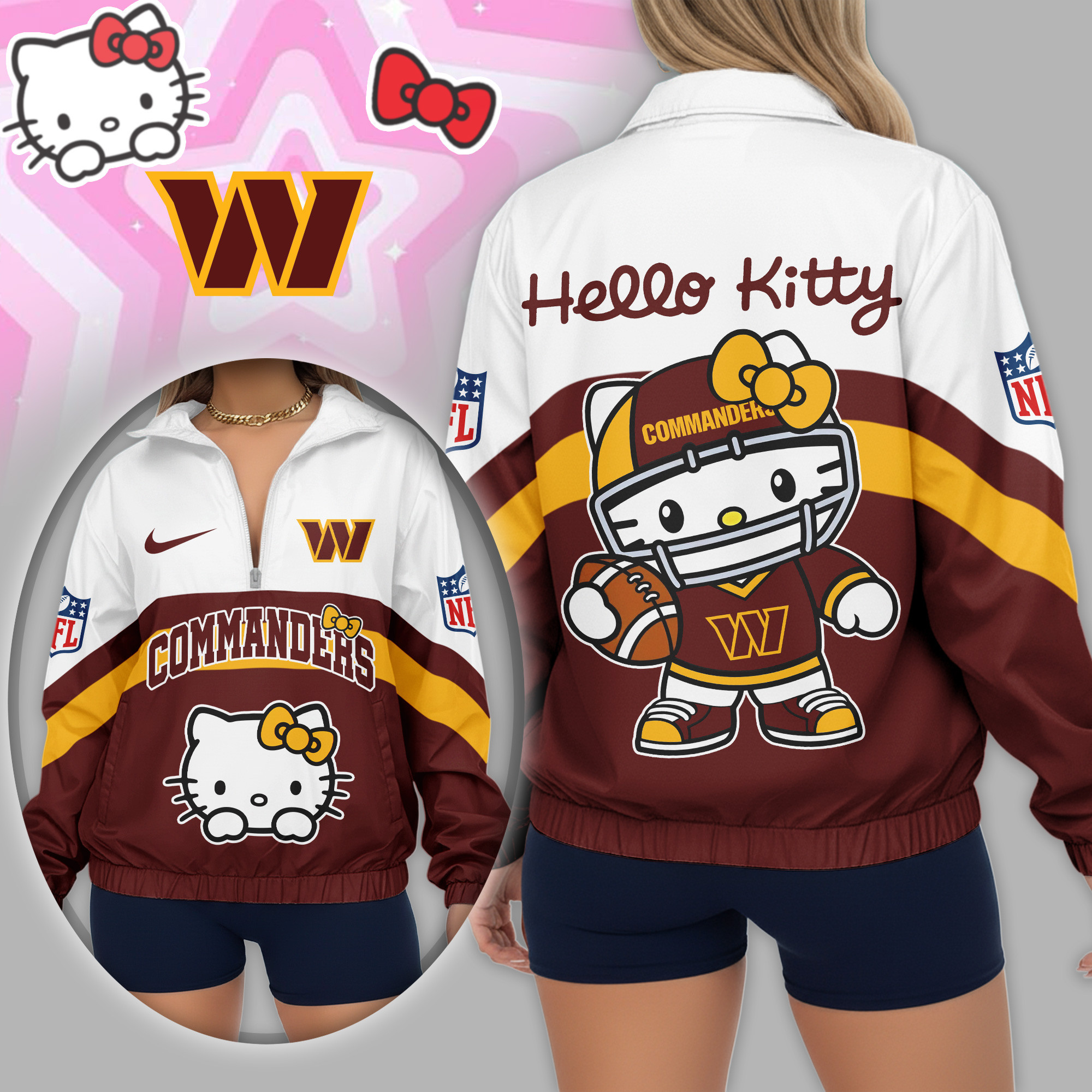 Washington Commanders | Premium NFL Hello Kitty V-neck Zipper TD