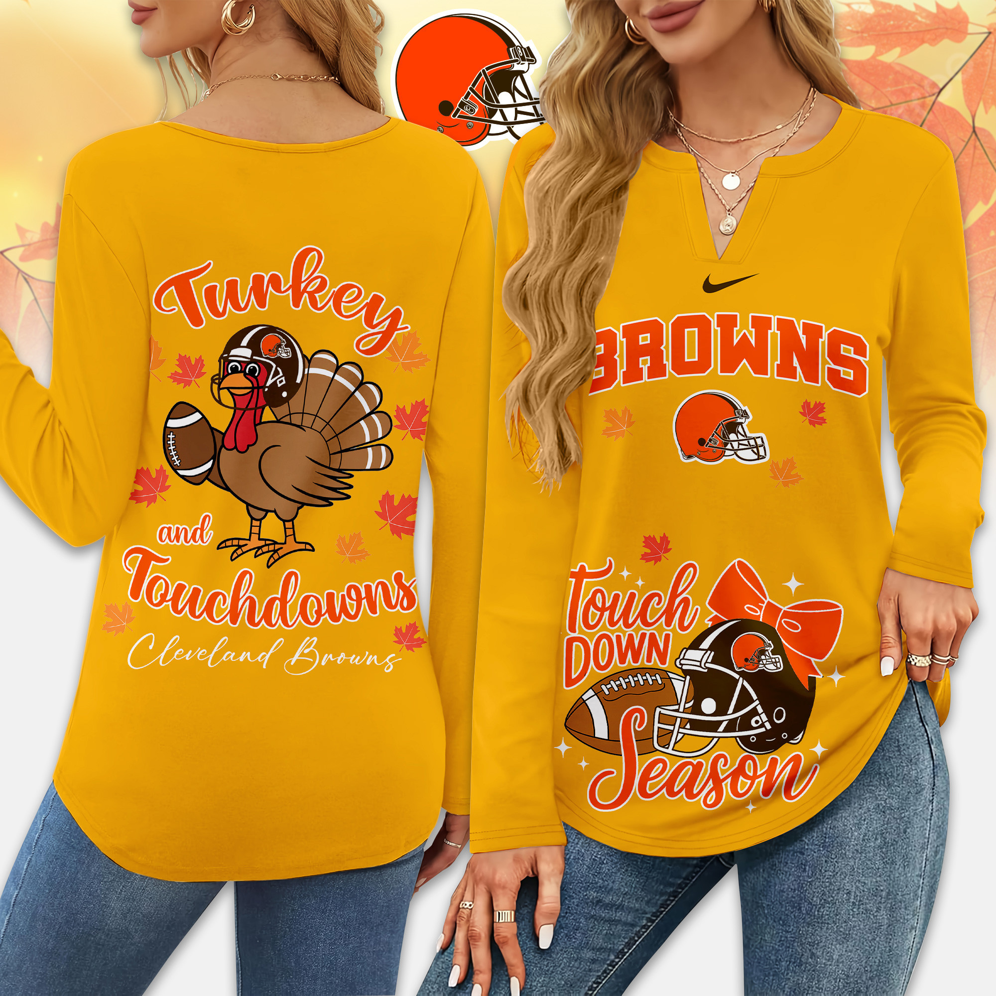 Cleveland Browns | Premium NFL Turkey and Touchdowns V-neck Long Sleeve Shirt TD