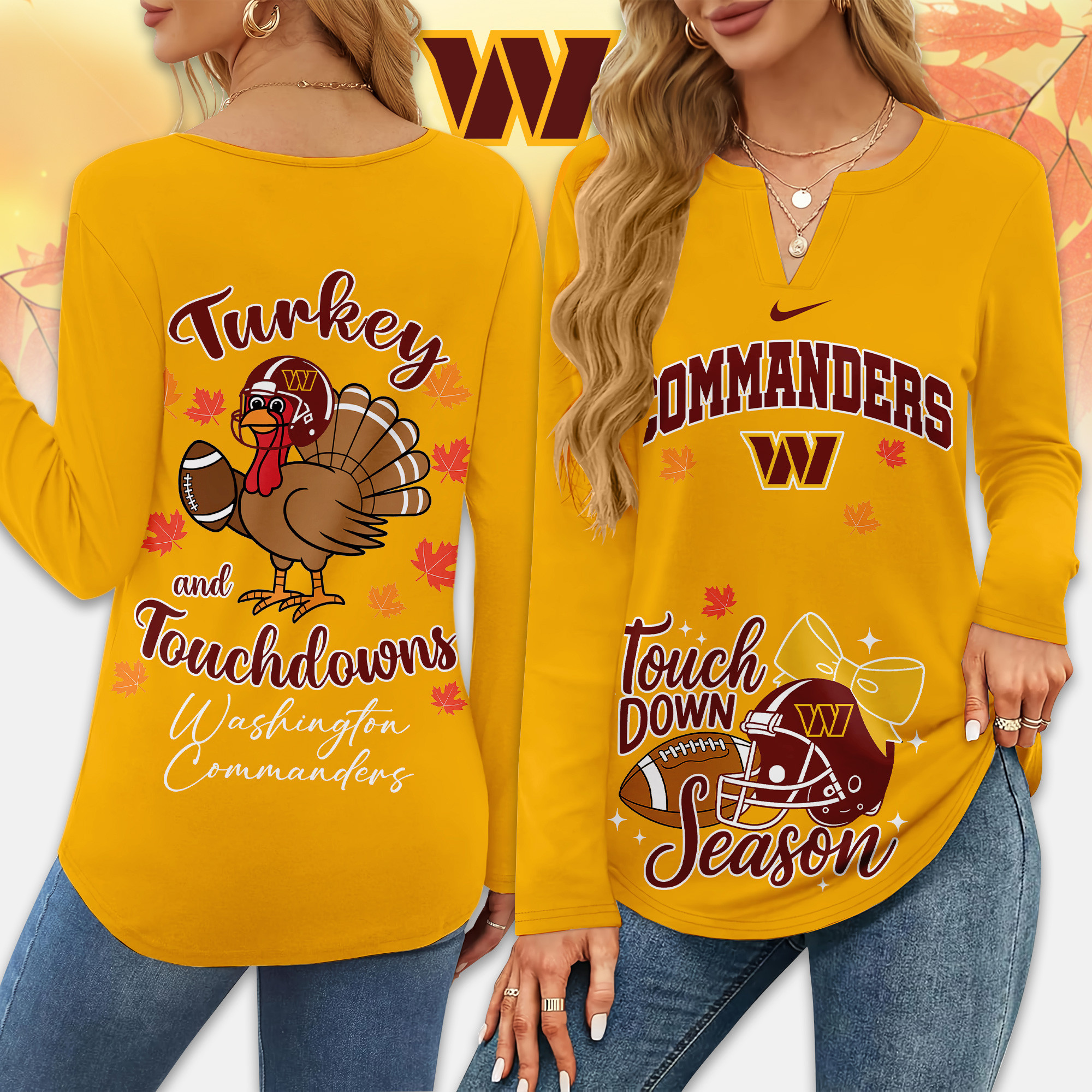 Washington Commanders | Premium NFL Turkey and Touchdowns V-neck Long Sleeve Shirt TD