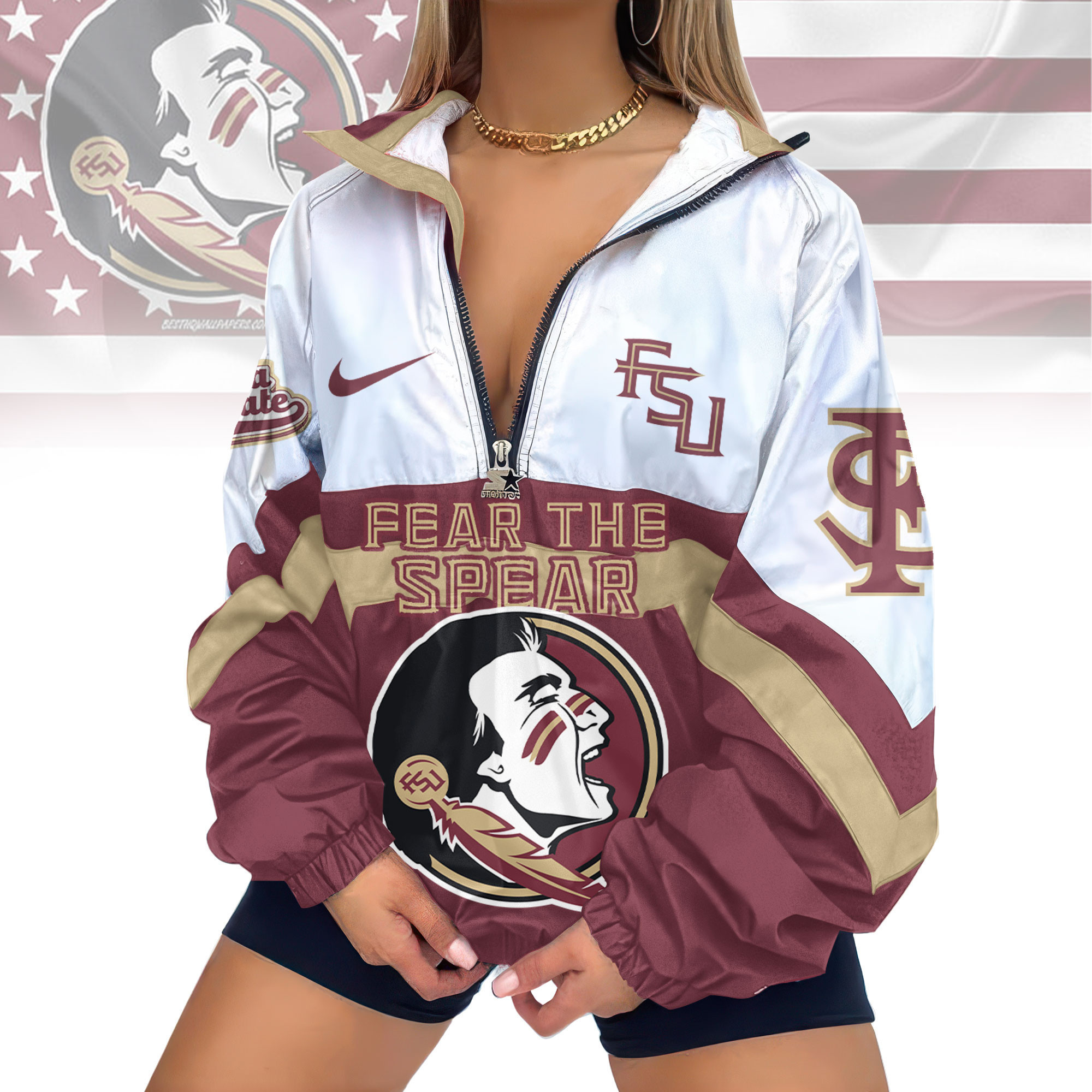 Florida State Seminoles | Premium Women's Printed V-Neck Zipper Sweatshirt Jackets TD