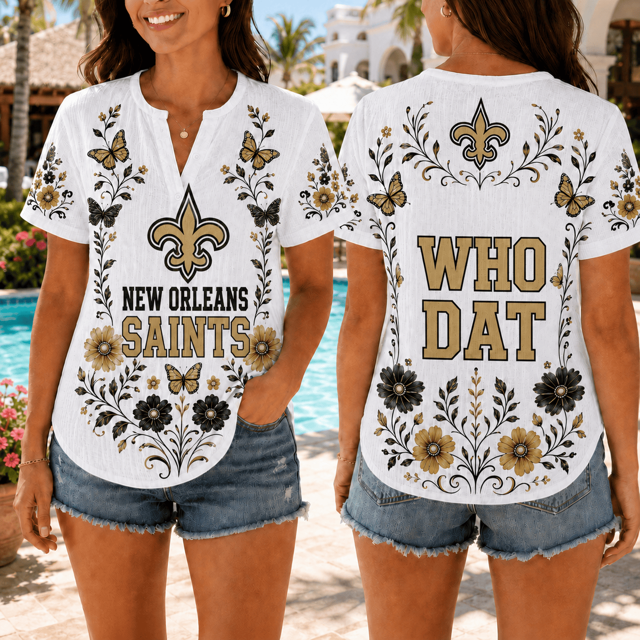 New Orleans Saints | Premium NFL Butterfly Game Day Women’s Summer Linen Shirt TD