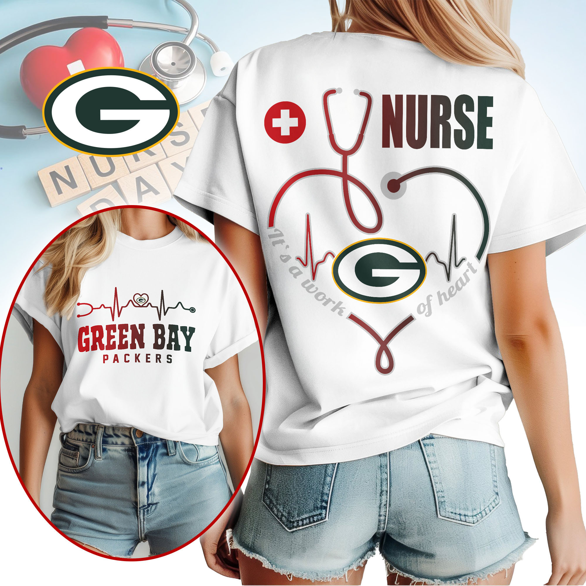 Green Bay Packers | Premium NFL Nurse Heartbeat 3D T-Shirt NTH1