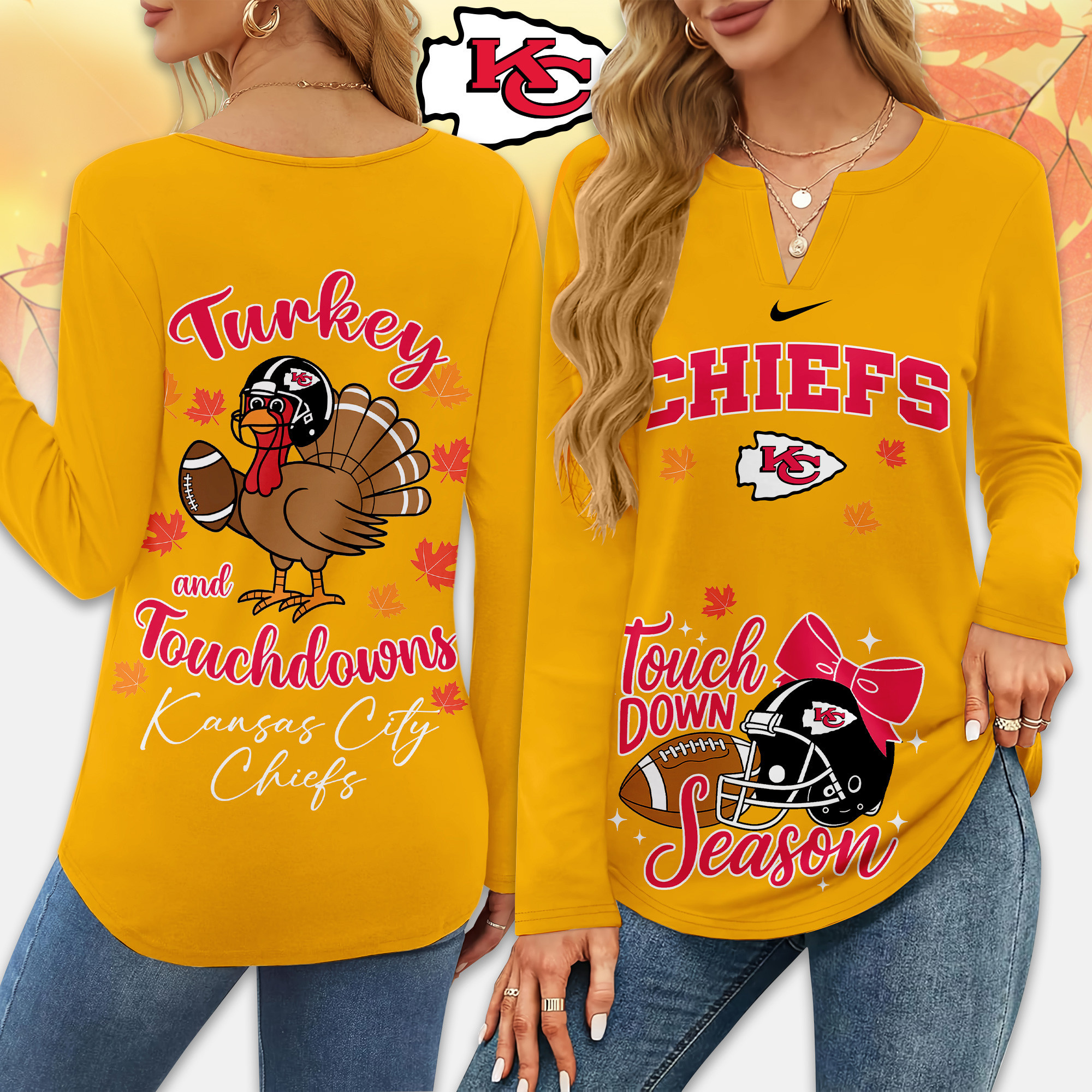 Kansas City Chiefs | Premium NFL Turkey and Touchdowns V-neck Long Sleeve Shirt TD