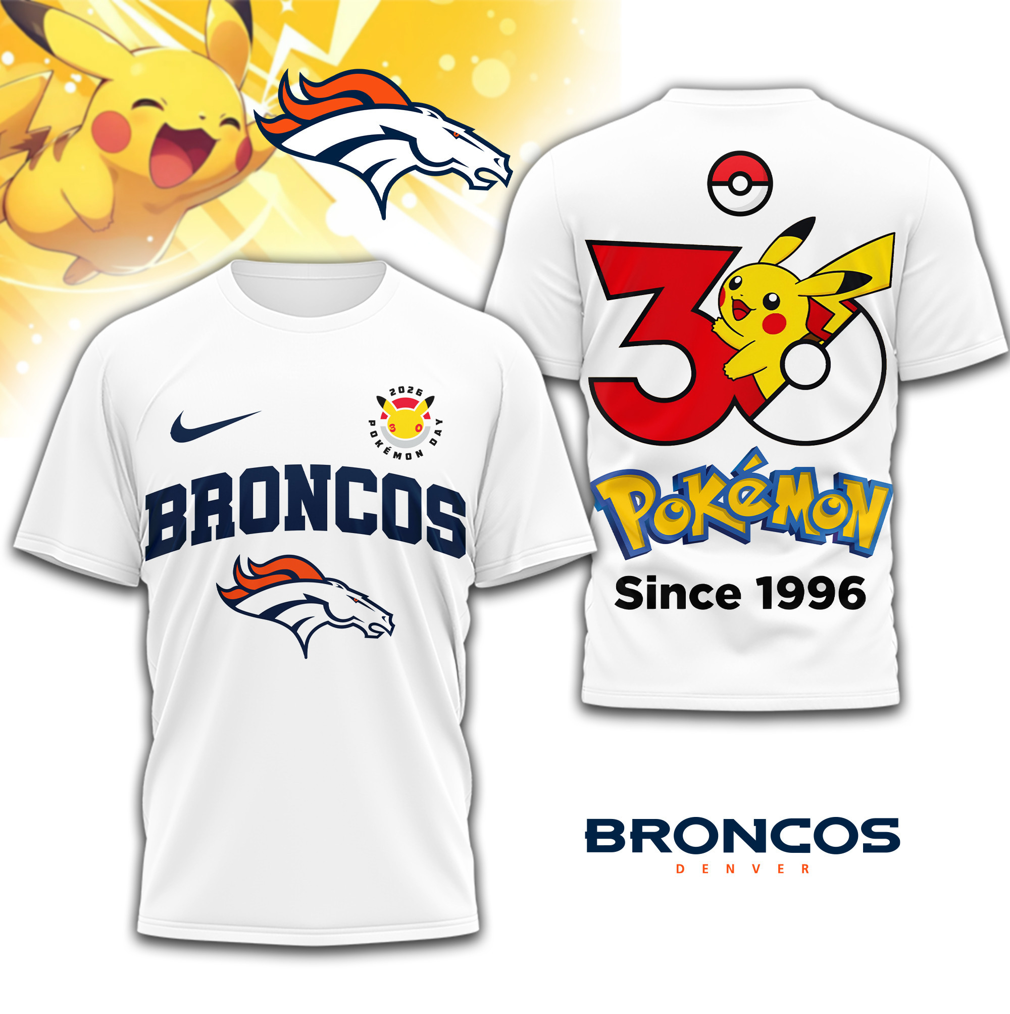 Denver Broncos | Premium NFL Pokemon 30th Anniversary 3D Shirt TD