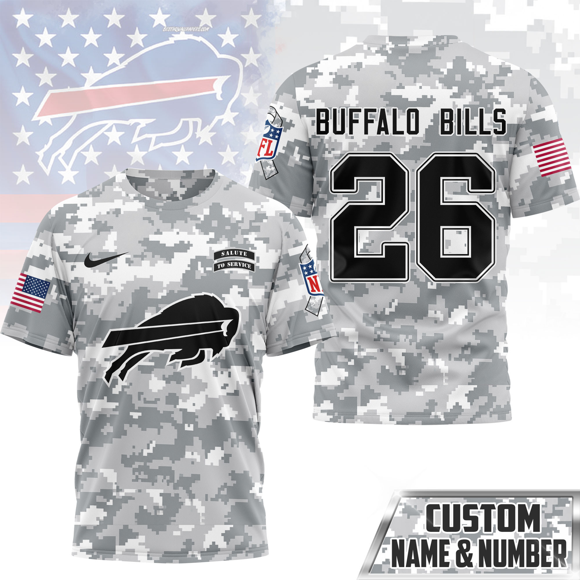 Buffalo Bills | Premium NFL Salute to Service Custom Name & Number Camo 3D Shirt NY