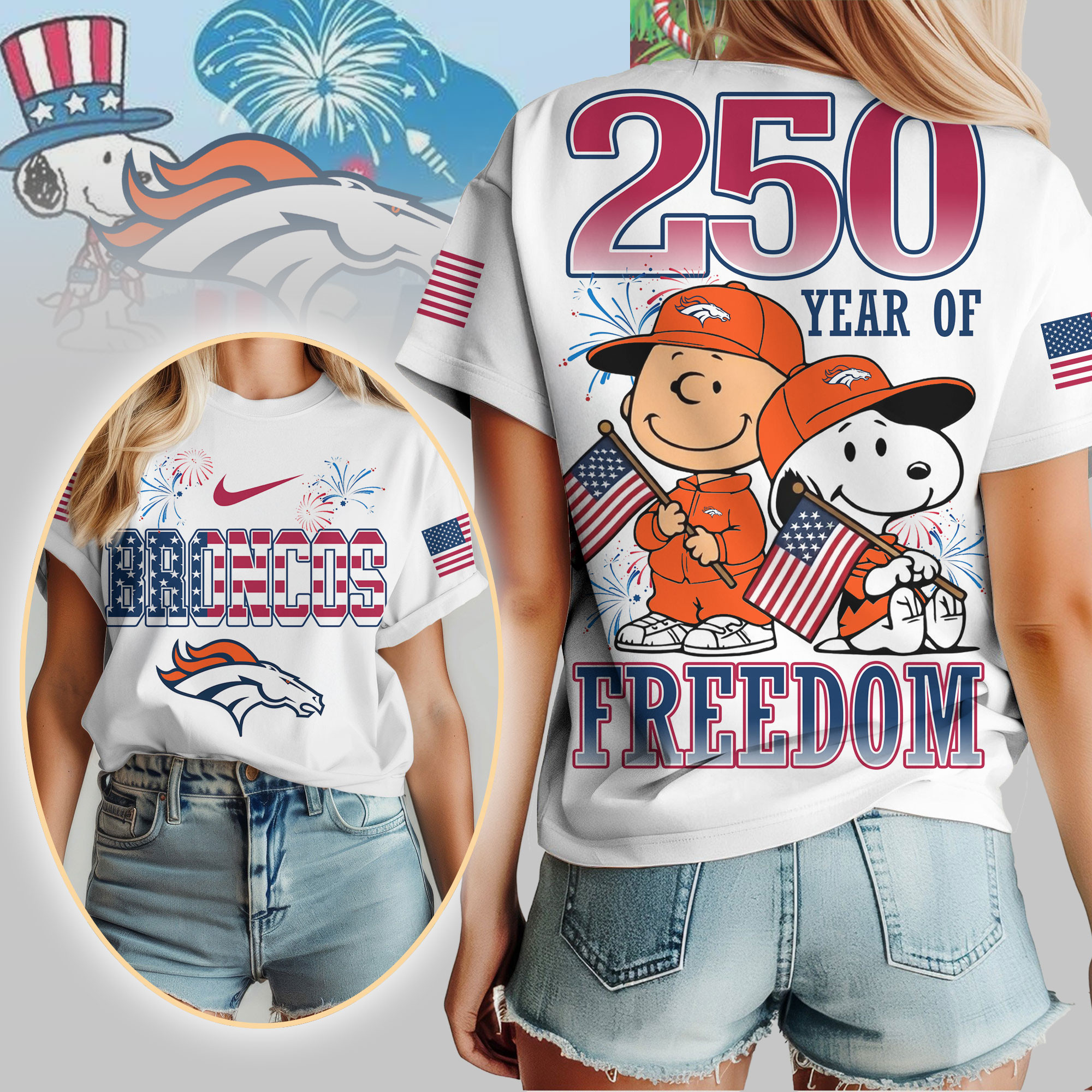 Denver Broncos | Premium NFL Peanuts 250 Years Of Freedom 3D Shirt NP