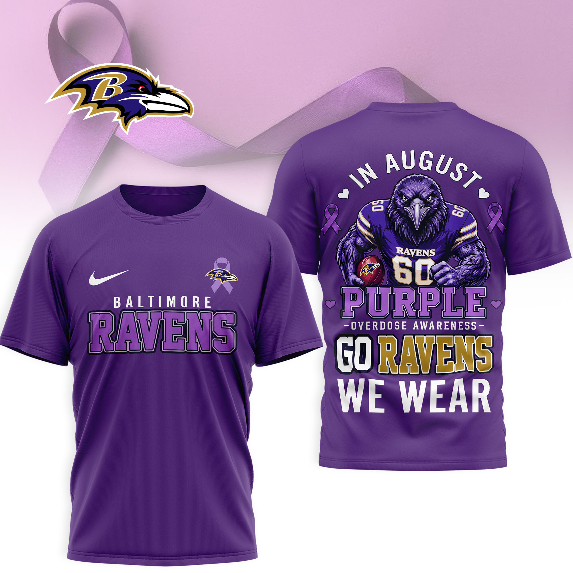 Baltimore Ravens | Premium NFL In August We Wear Purple Overdose Awareness 3D Shirt NY
