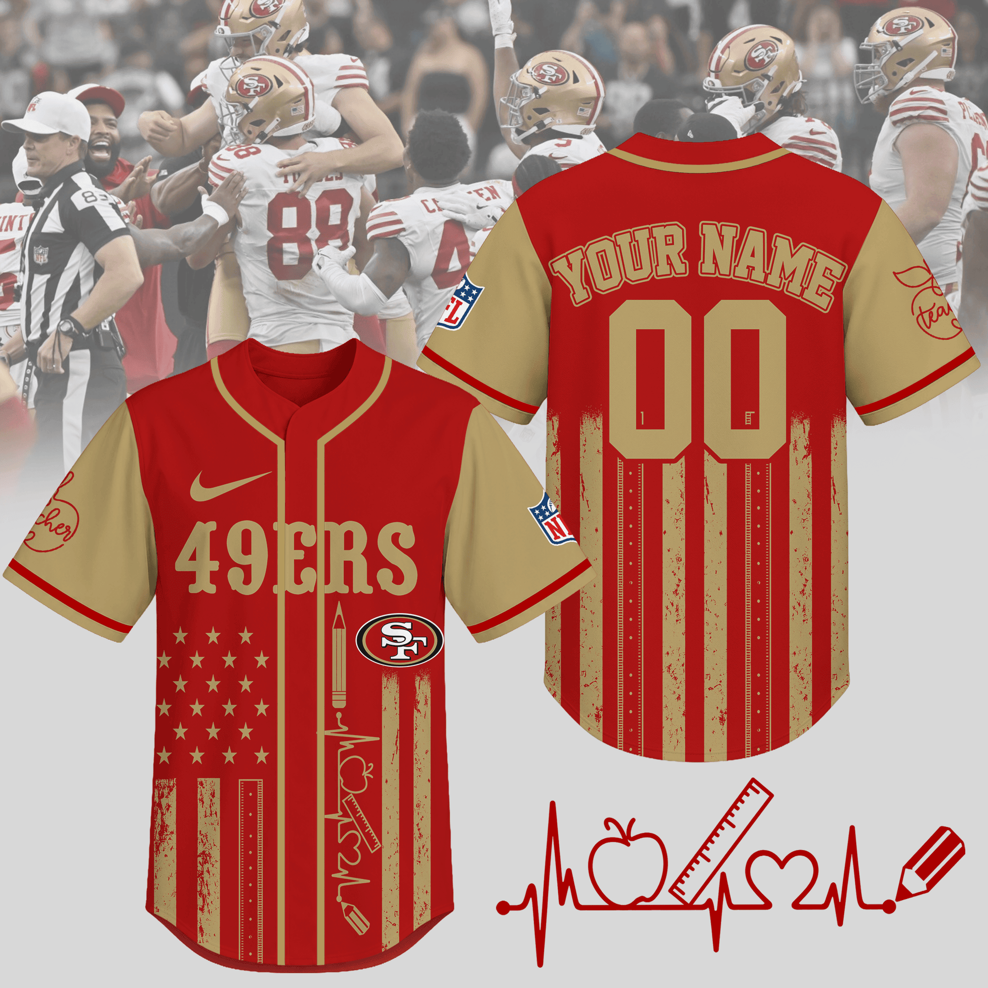 San Francisco 49ers | Premium NFL Personalized Teacher Heartbeat Jersey NTH1