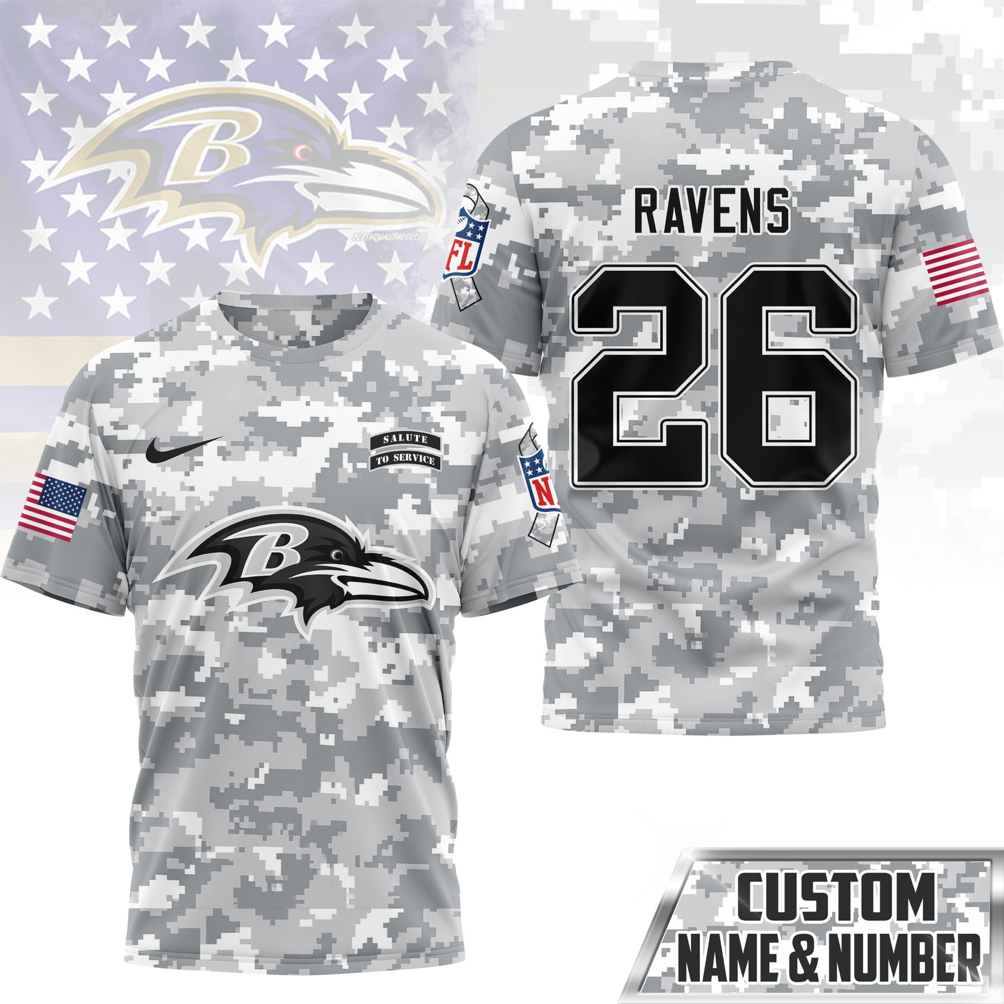 Baltimore Ravens | Premium NFL Salute to Service Custom Name & Number Camo 3D Shirt NY