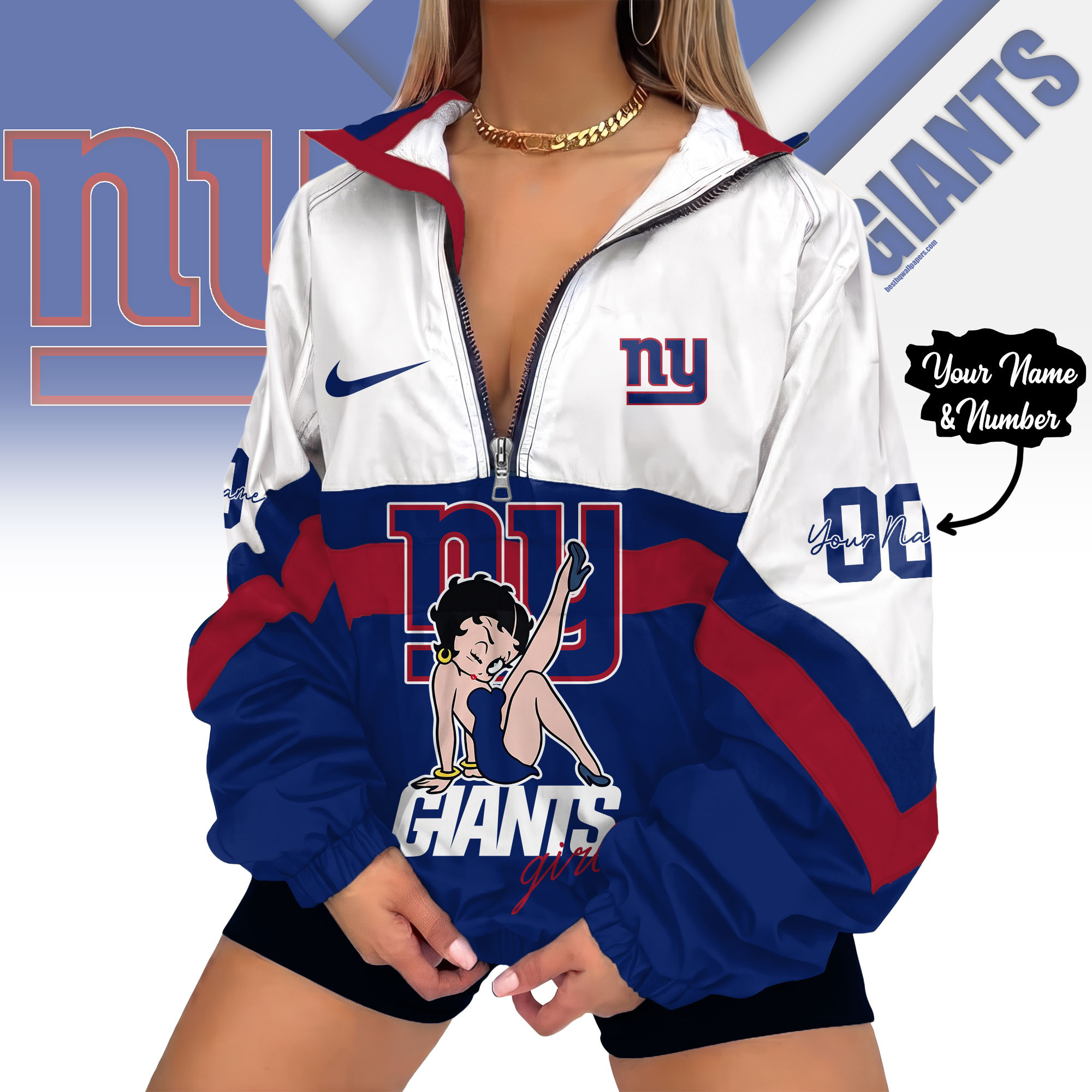 New York Giants | Premium NFL Custom Game Day Girl Windbreaker V-Neck Zipper Sweatshirt Jackets NTH1