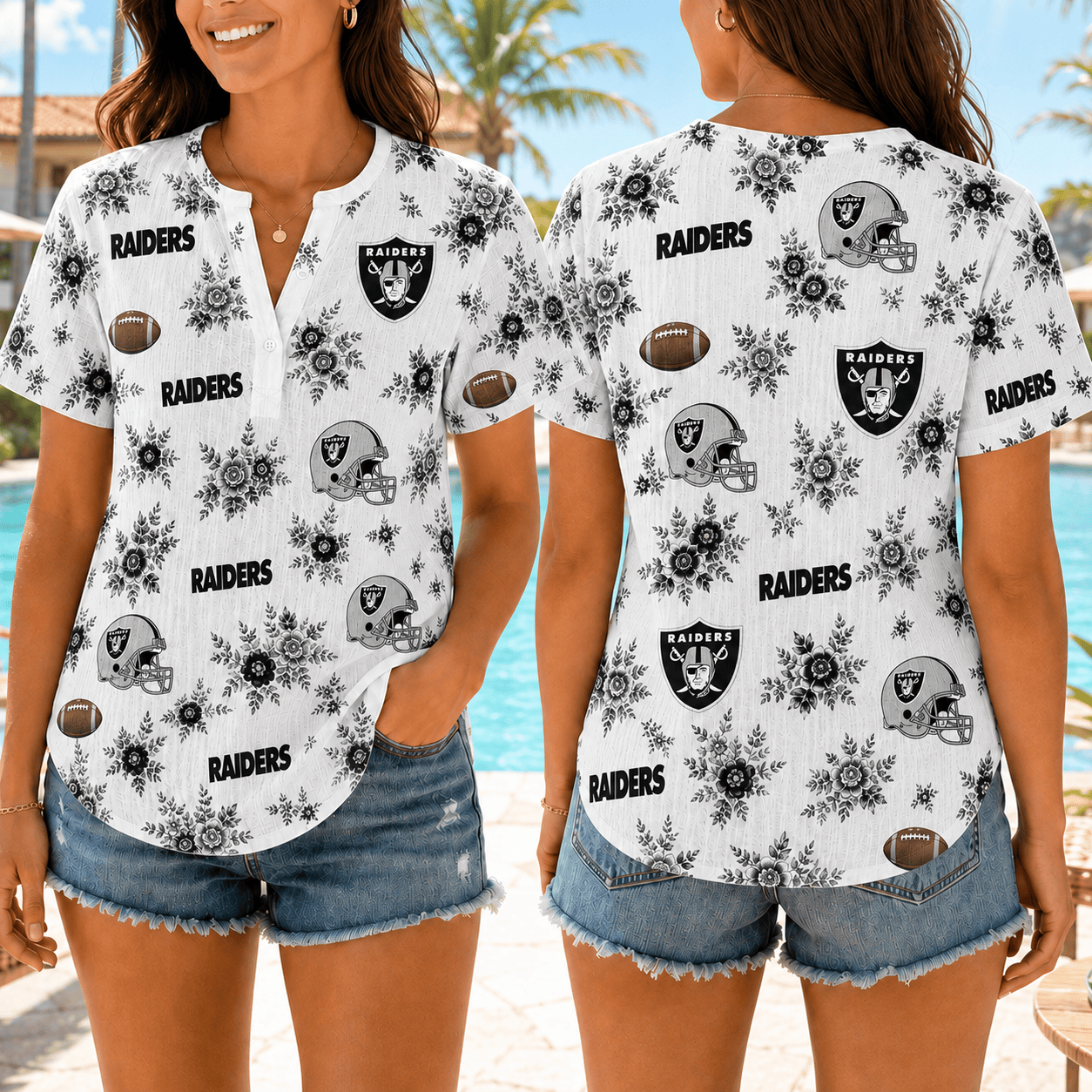 Las Vegas Raiders | Premium NFL Floral Football Women’s Summer Linen Shirt TD
