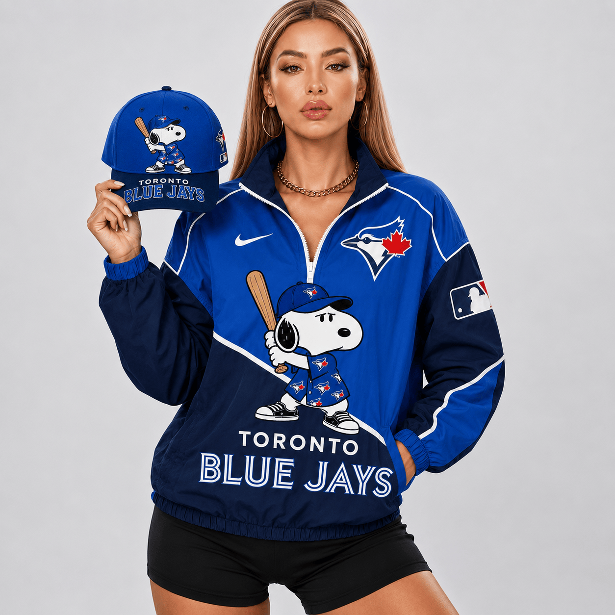 Toronto Blue Jays | Premium MLB Snoopy Clubhouse Swing V-neck Jacket And Cap Set