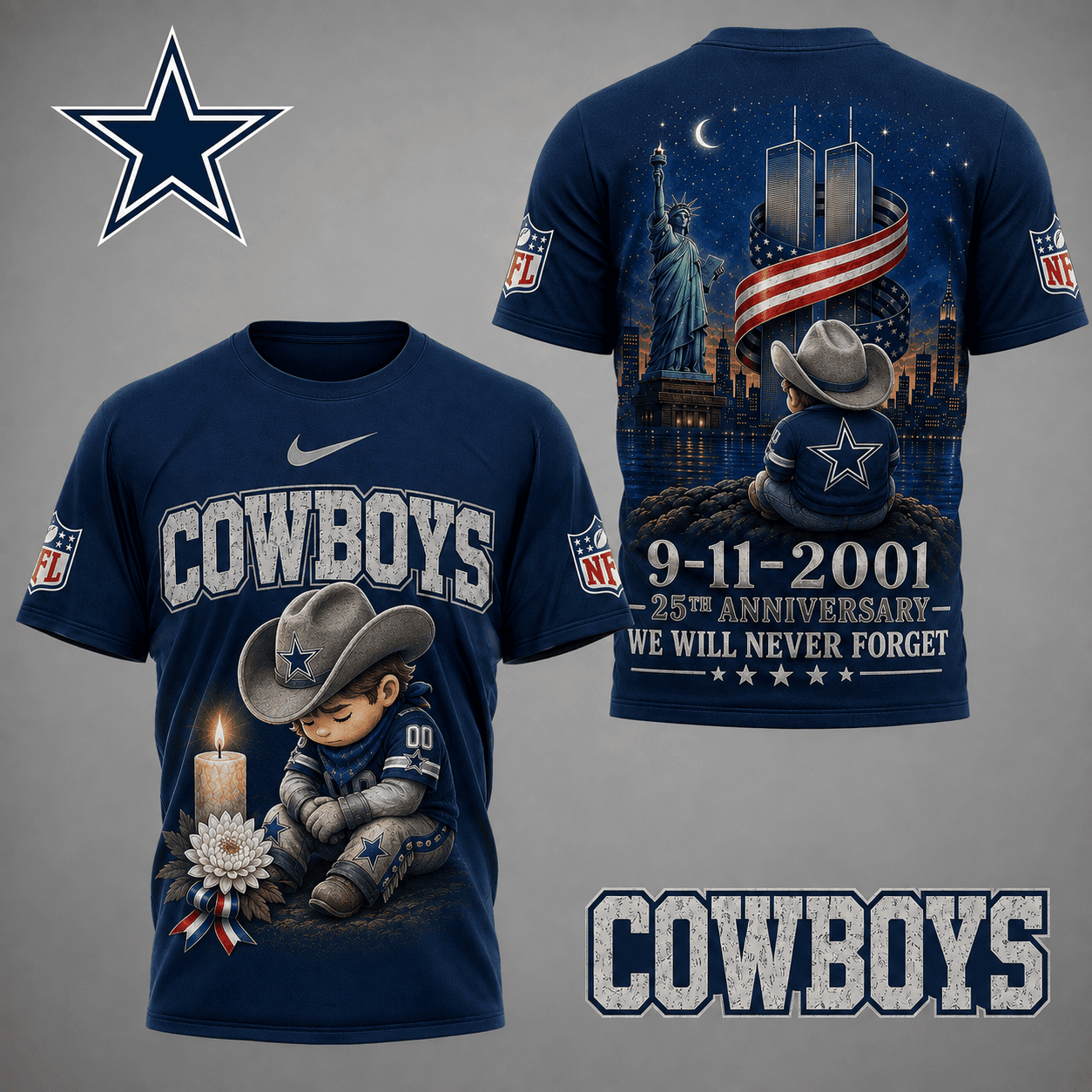 Dallas Cowboys| Premium NFL 9/11 25th Anniversary Never Forget Memorial 3D Shirt NY