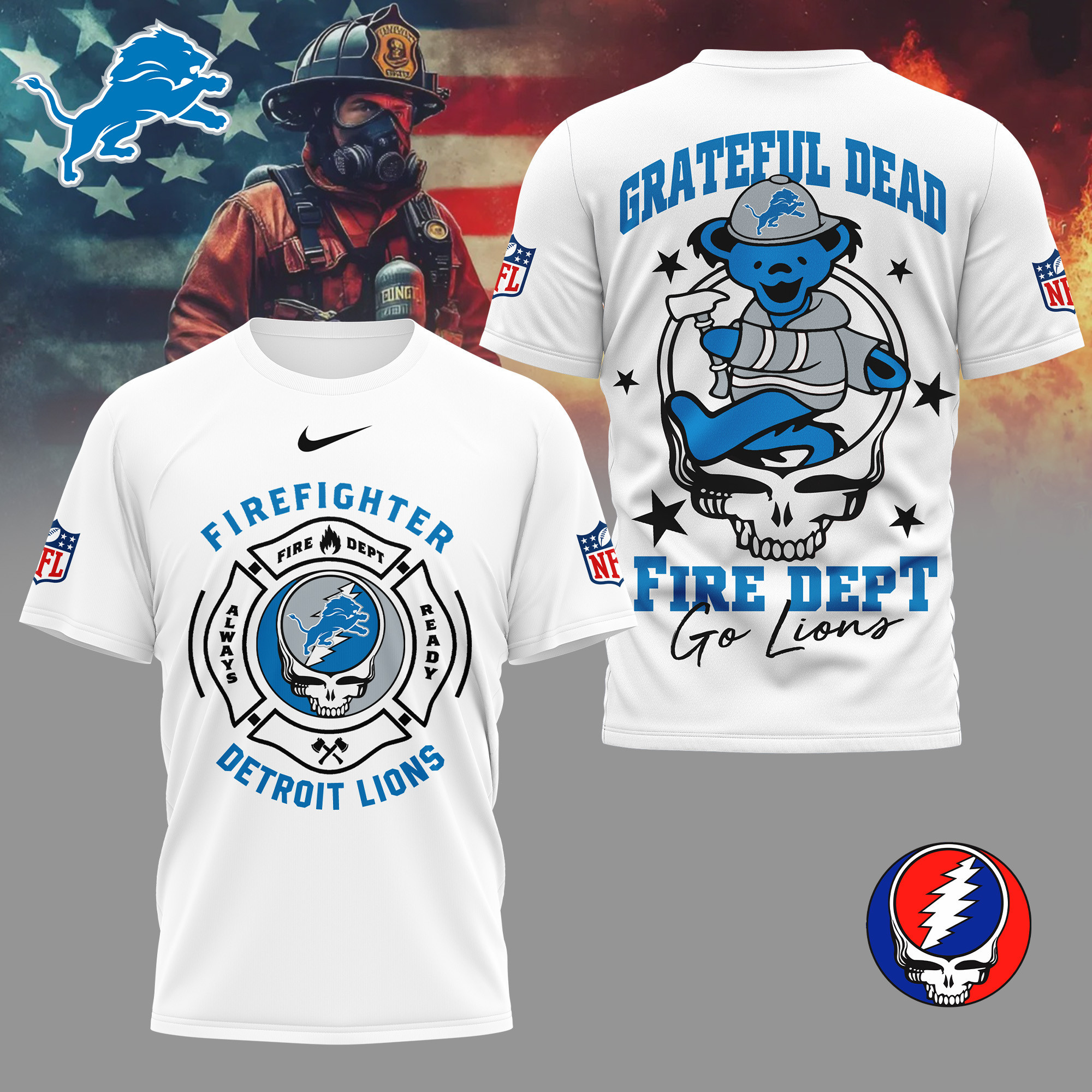 Detroit Lions | Premium NFL Grateful Dead Firefighter 3D Shirt NY