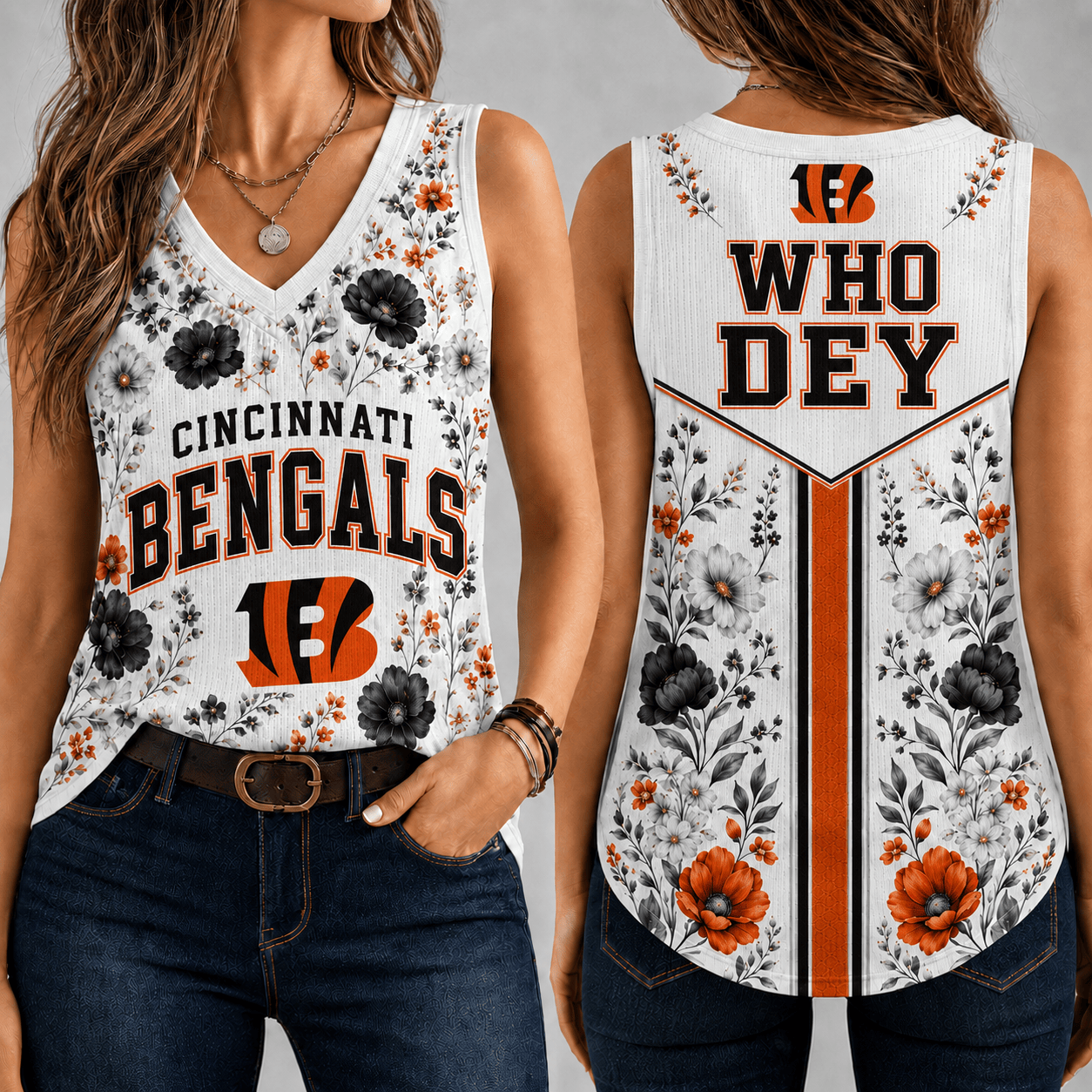 Cincinnati Bengals | Premium NFL Floral Vintage Game Day Women’s V-Neck Tank Top TD