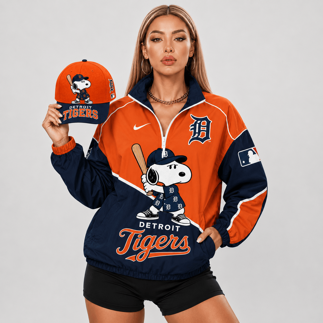 Detroit Tigers | Premium MLB Snoopy Clubhouse Swing V-neck Jacket And Cap Set