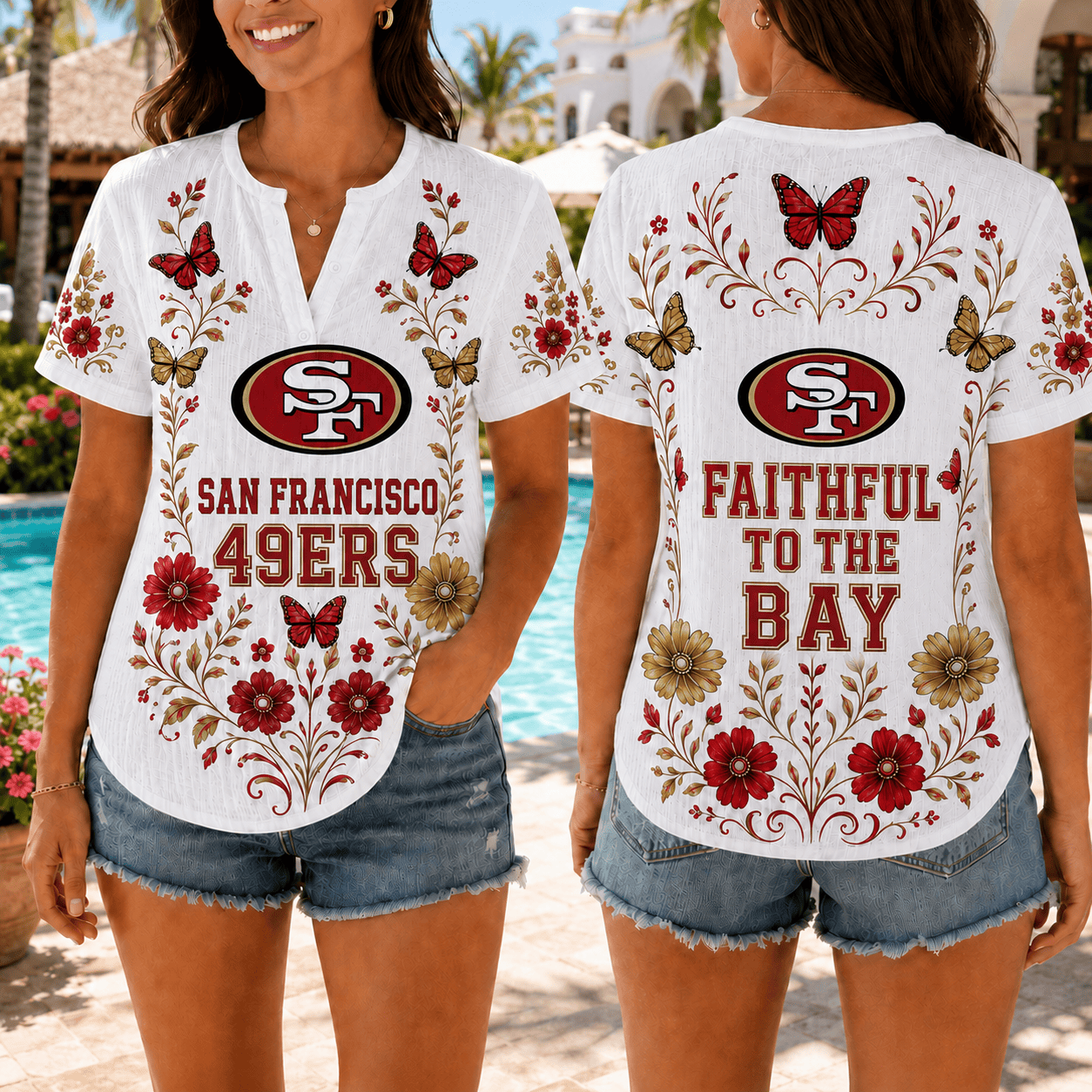 San Francisco 49ers | Premium NFL Butterfly Game Day Women’s Summer Linen Shirt TD