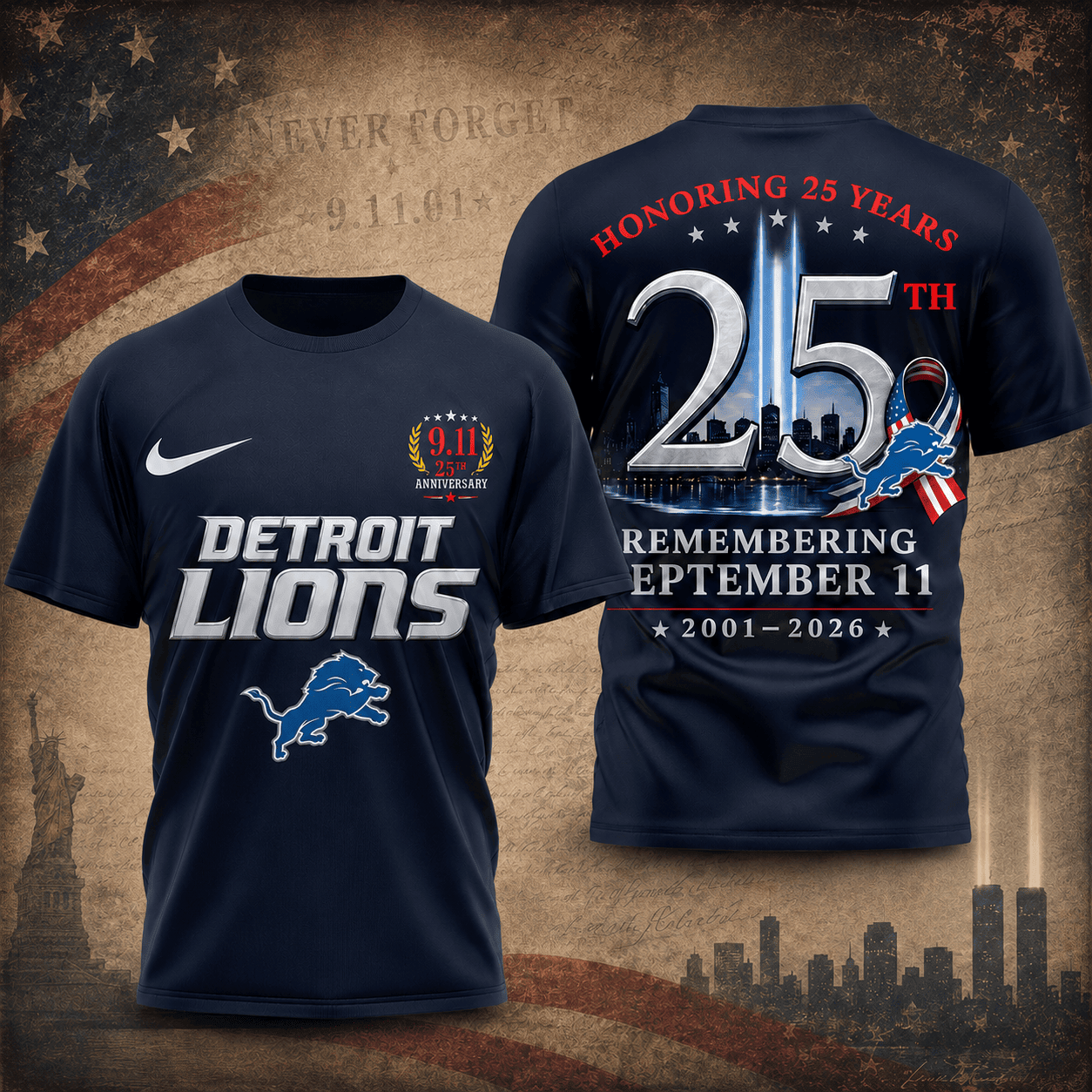 Detroit Lions | Premium NFL Remembering September 11 T-Shirt TD