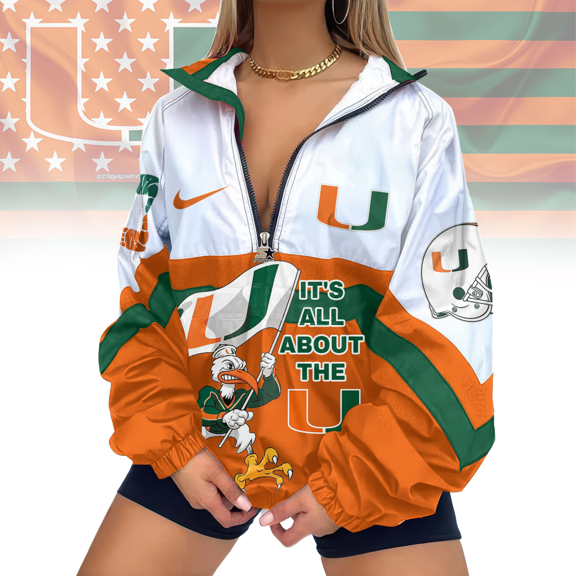 Miami Hurricanes | Premium Women's Printed V-Neck Zipper Sweatshirt Jackets TD