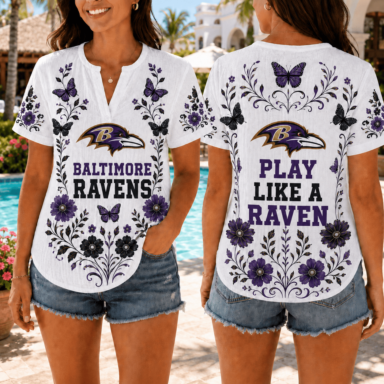 Baltimore Ravens | Premium NFL Butterfly Game Day Women’s Summer Linen Shirt TD
