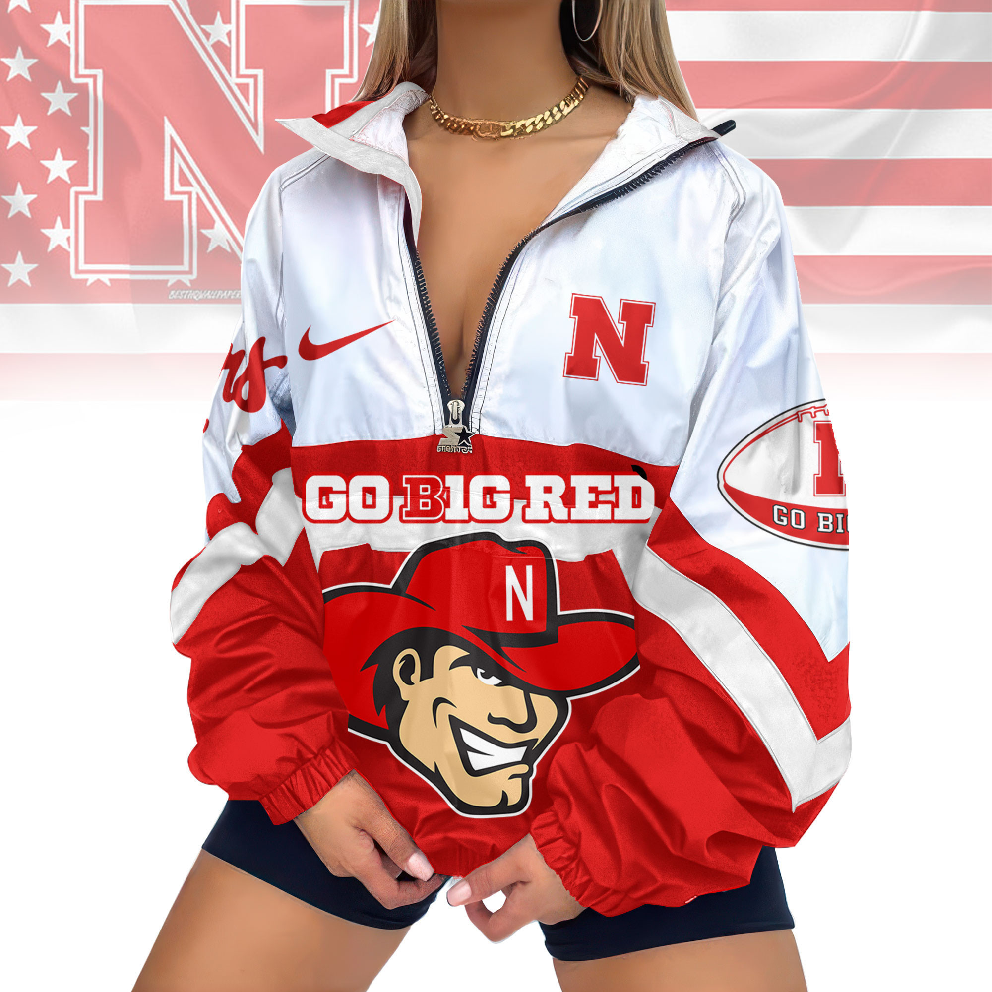 Nebraska Cornhuskers | Premium Women's Printed V-Neck Zipper Sweatshirt Jackets TD