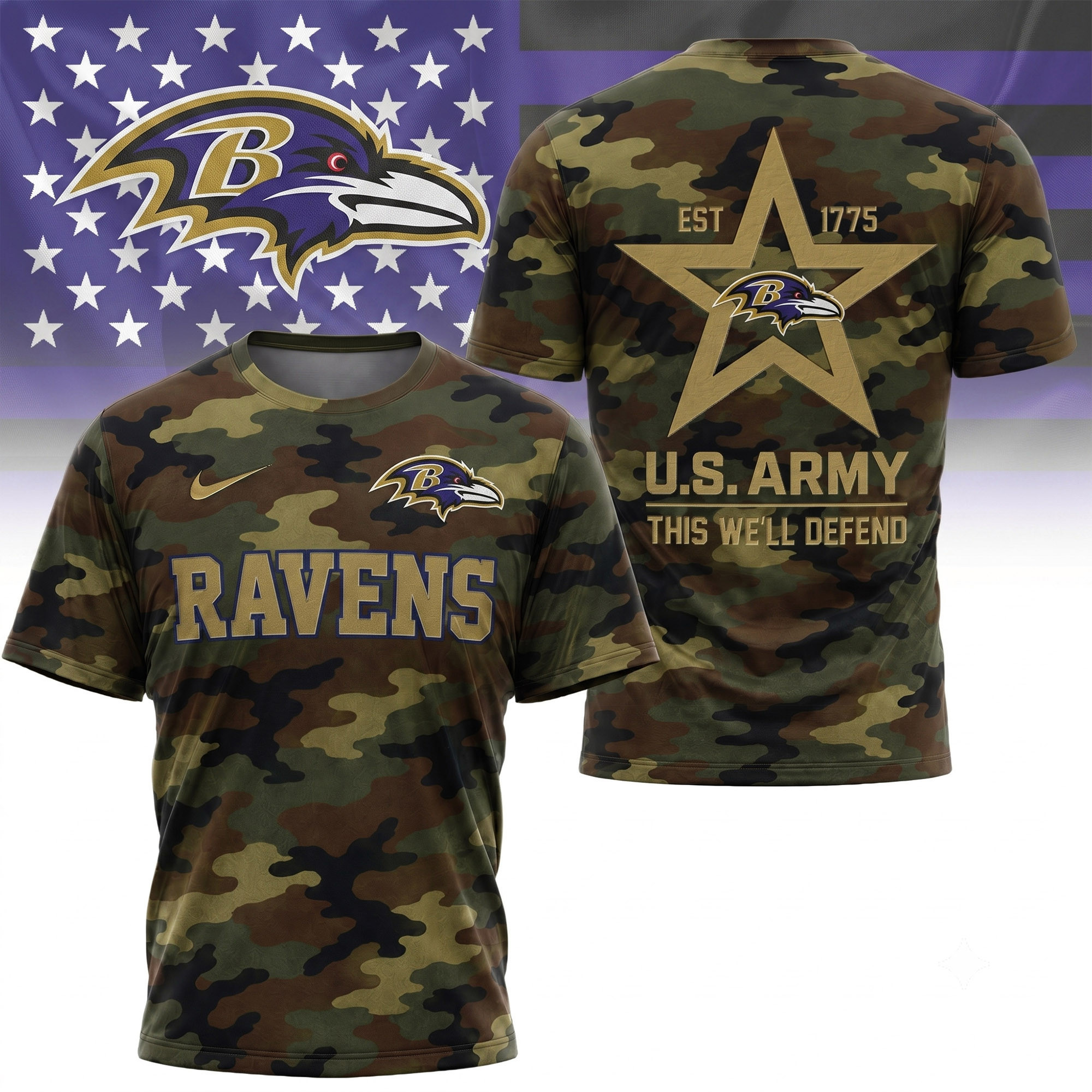 Baltimore Ravens | Premium NFL U.S. Army Camo 3D Shirt NY