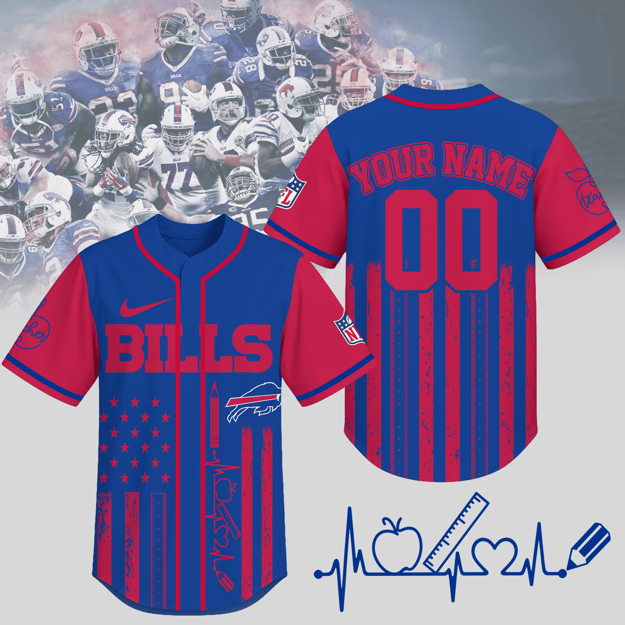 Buffalo Bills | Premium NFL Personalized Teacher Heartbeat Jersey NTH1