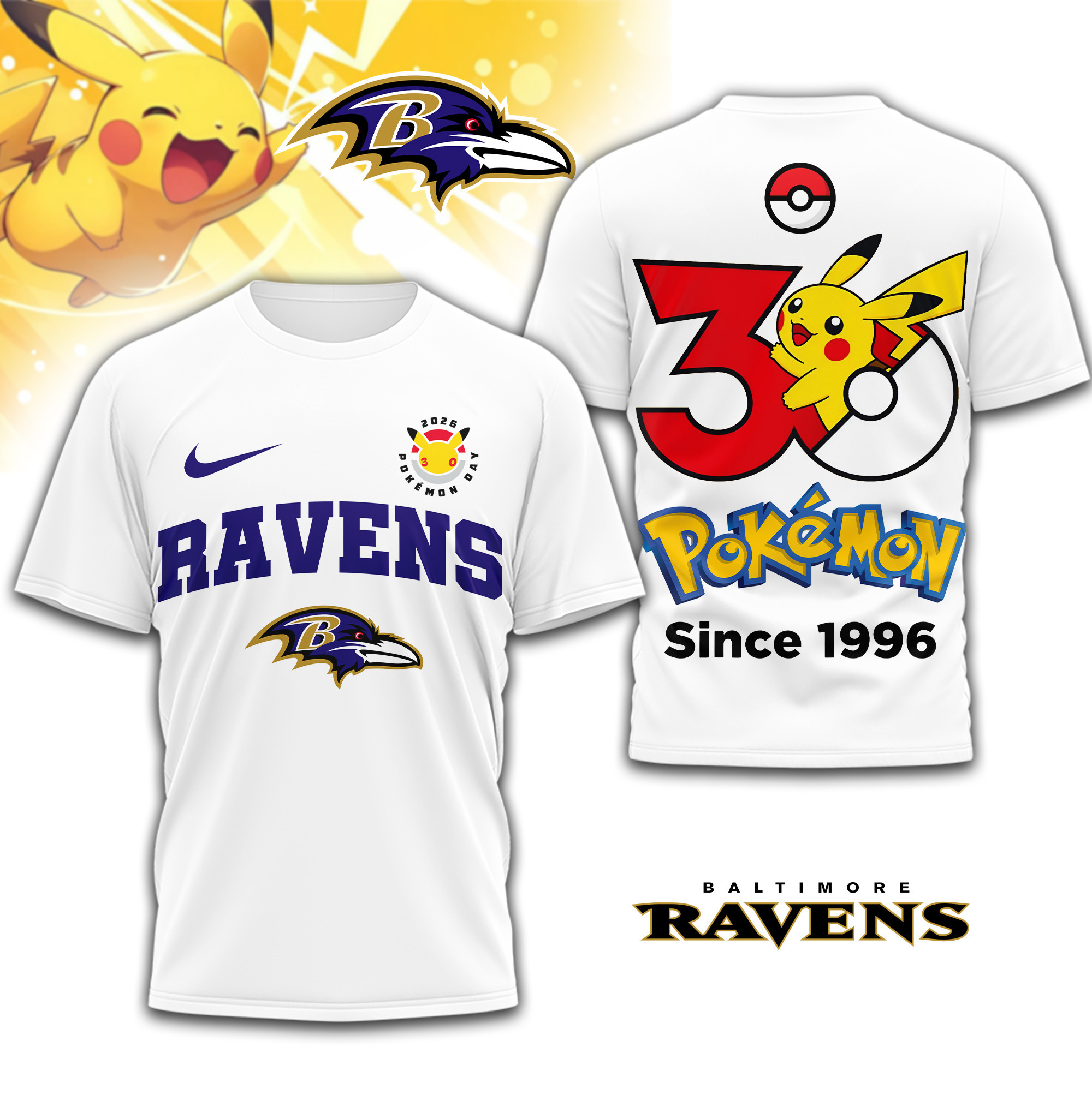 Baltimore Ravens | Premium NFL Pokemon 30th Anniversary 3D Shirt TD